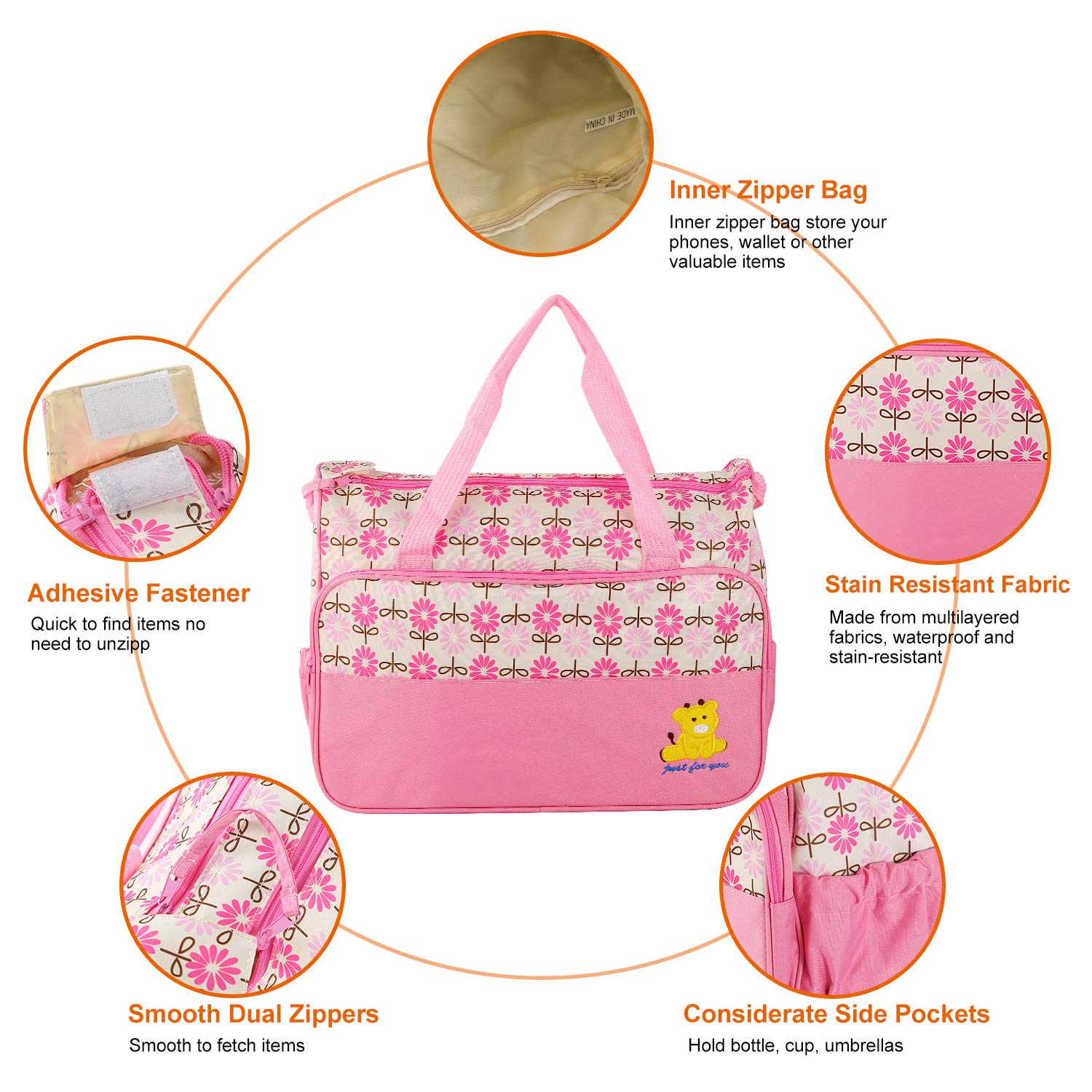 5PcS Diaper Bag Tote Set - Baby Bags for Mom (Pink)