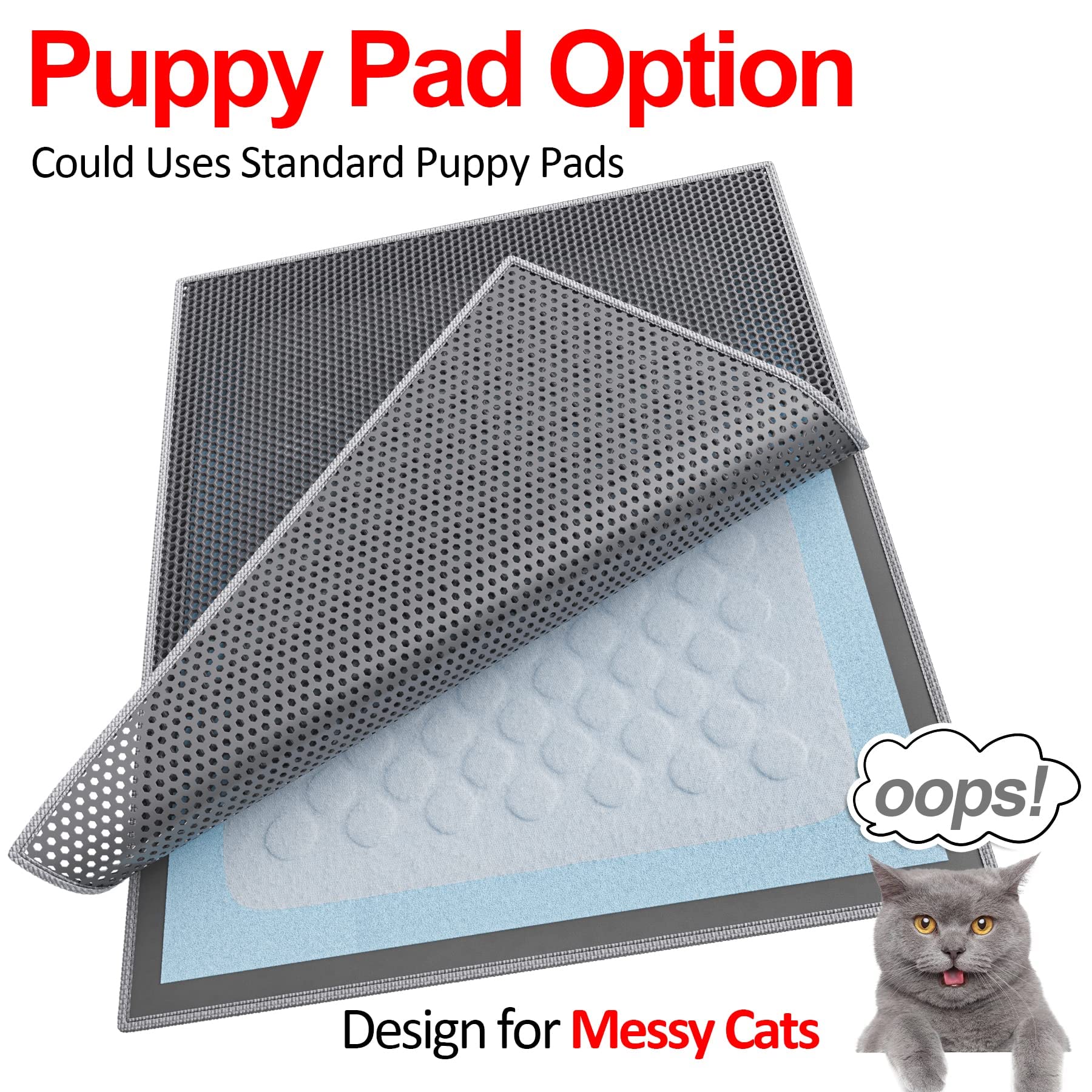 Waretary Cat Litter Mat 36'X 30', Kitty Pretty Litter Box Trapping Mat, Extra Large Xl Honeycomb Double Scatter Control Layer Mat, Urine & Waterproof, Washable, Easy Clean, Phthalate Free, Grey