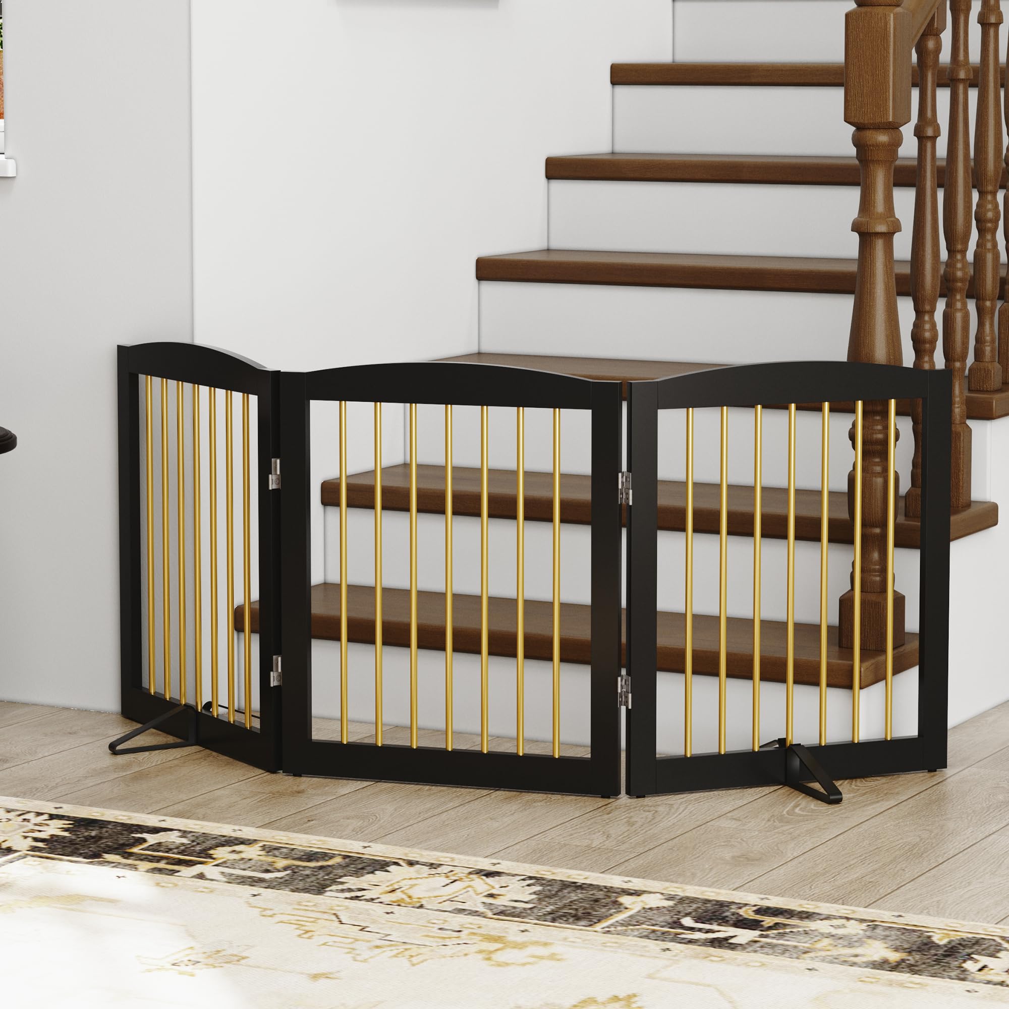 PUPETPO Freestanding Pet Gate - Foldable Wooden Dog Gate, 24" Height, 3 Panels, Black & Gold, Model BG3-24, Indoor Safety Fence