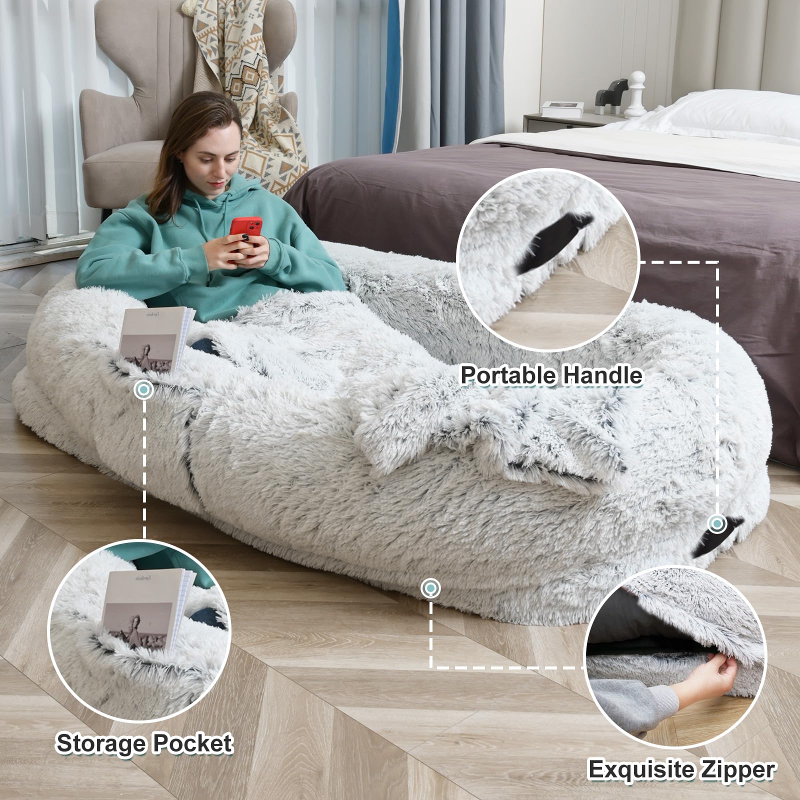 Yaem Human Dog Bed Fits You And Pets For People Doze Off, Washable Faux Fur Napping Orthopedic Dog Bed, Present Plump Pillow, Bl