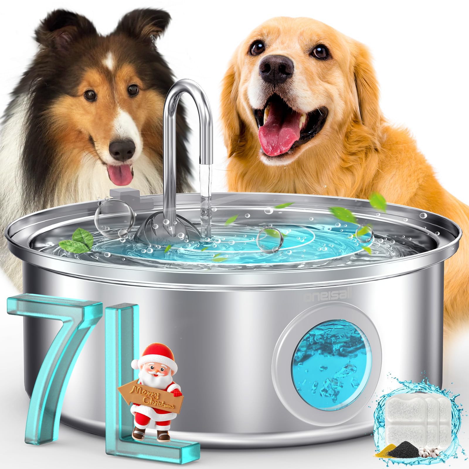 Oneisall Dog Water Fountain, 7L/230Oz/1.8G Quiet Dog Fountain Water Bowl, Stainless Steel Dog Water Fountain With Visual Water Level&Triple Filtration For Large Medium Small Breed Dogs Pets