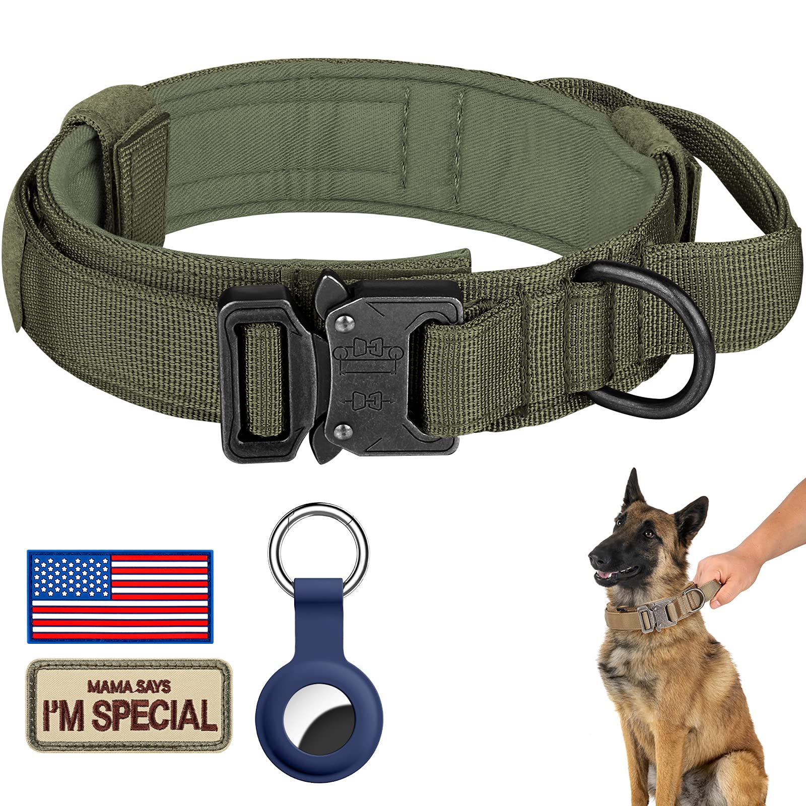 Daganxi Tactical Dog Collar, Adjustable Military Training Nylon Dog Collar With Control Handle And Heavy Metal Buckle For Medium And Large Dogs, With Patches And Airtags Case (L, Green)