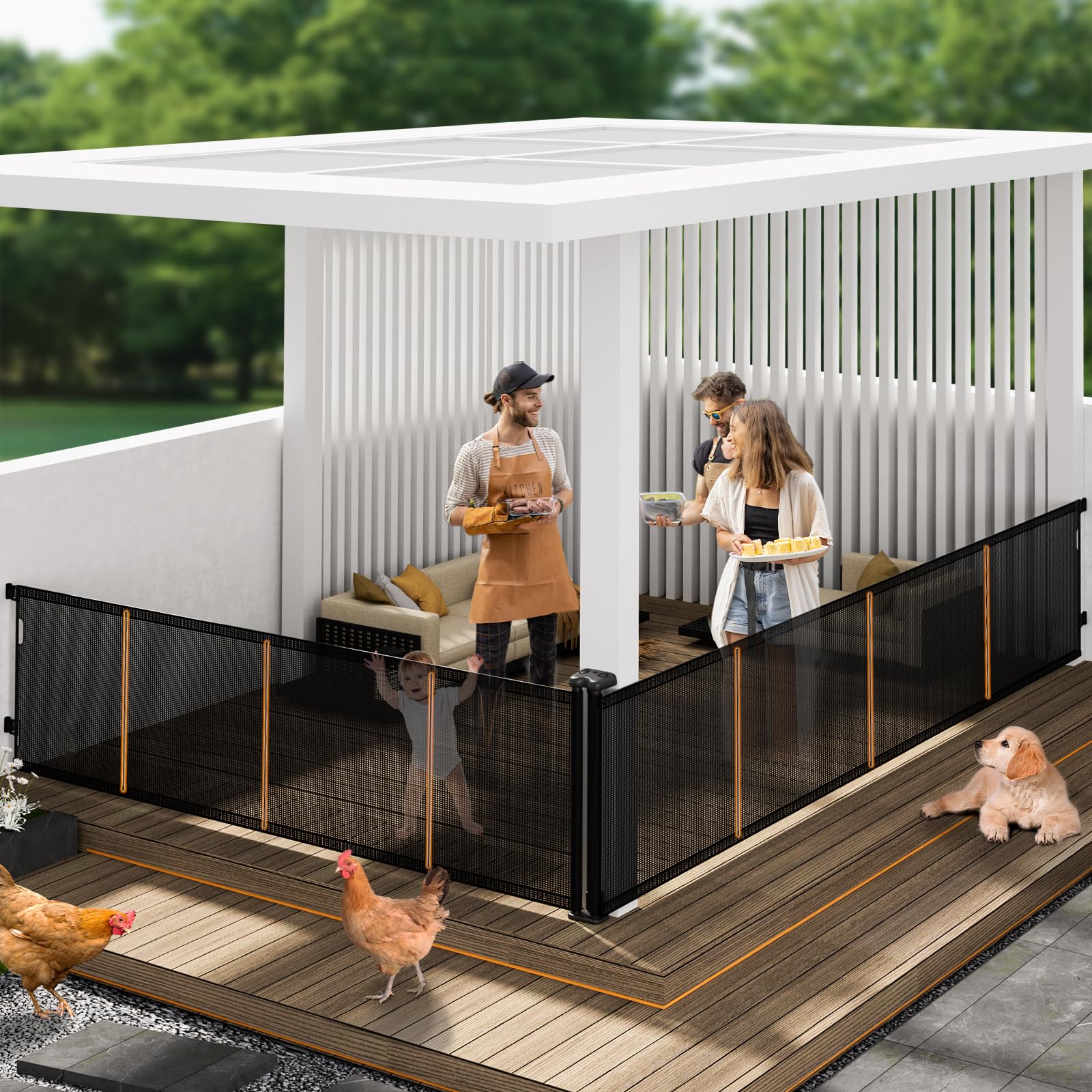 2-in-1 Retractable Baby Gates, 41 Tall Mesh Dog Gate 1-Pack, One Side Up to 200 Wide, Total 400 Wide, Long Retractable Pet Gate 