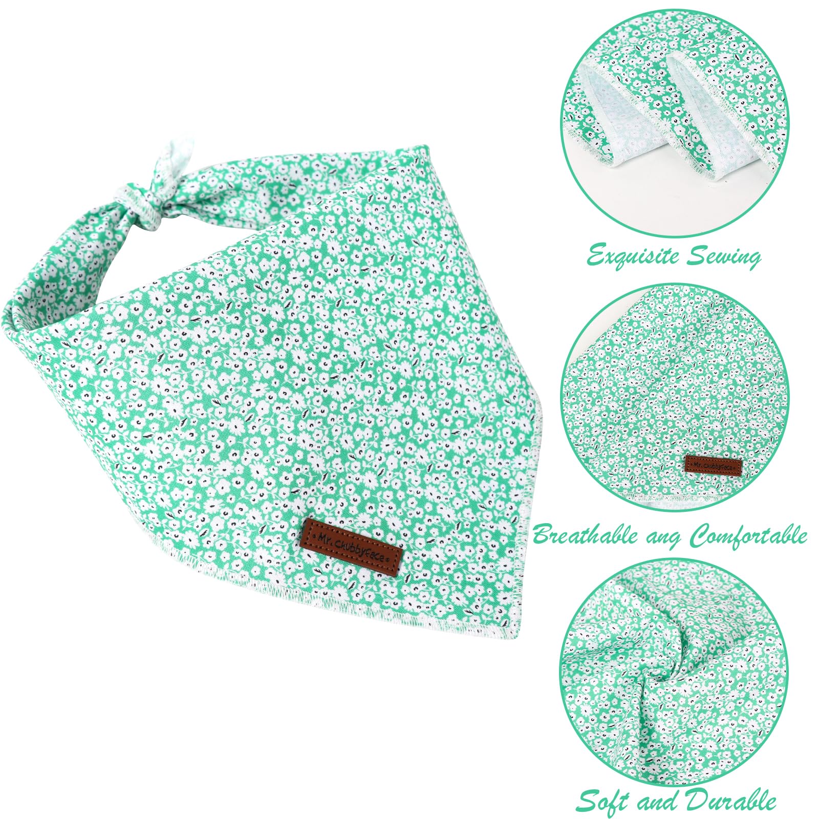 Mr. Chubbyface Green Wildflower Striped Dog Bandanas Reversible Triangle Bibs Scarf Accessories For Dogs Cats Pets L