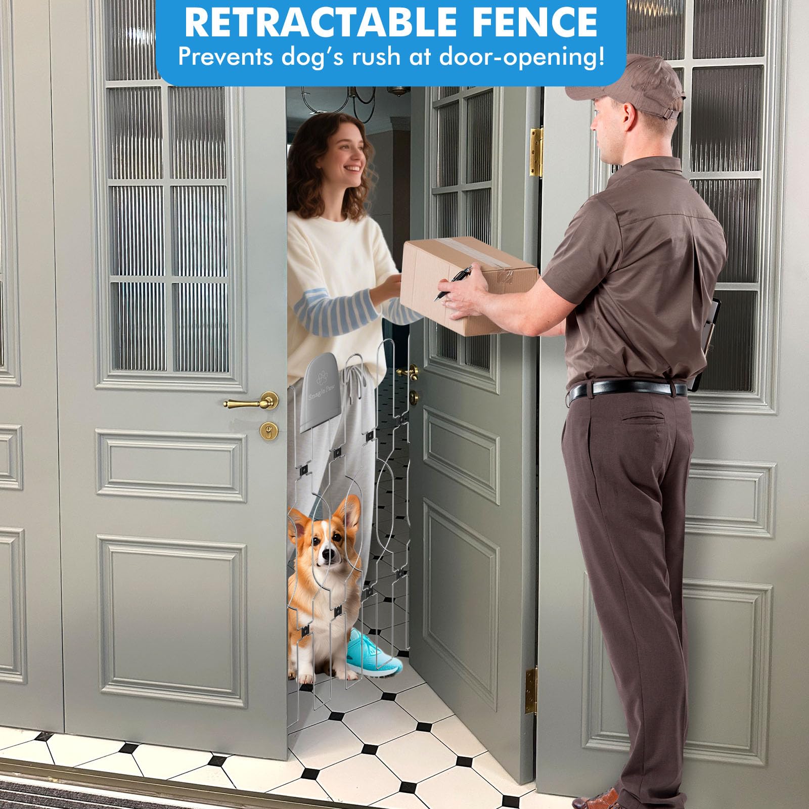 Snagle Paw Metal Retractable Door Barrier,24.4 Wide 35 Tall Safety Dog Gate for Front Door,Easy Install Retractable Pet Gate for