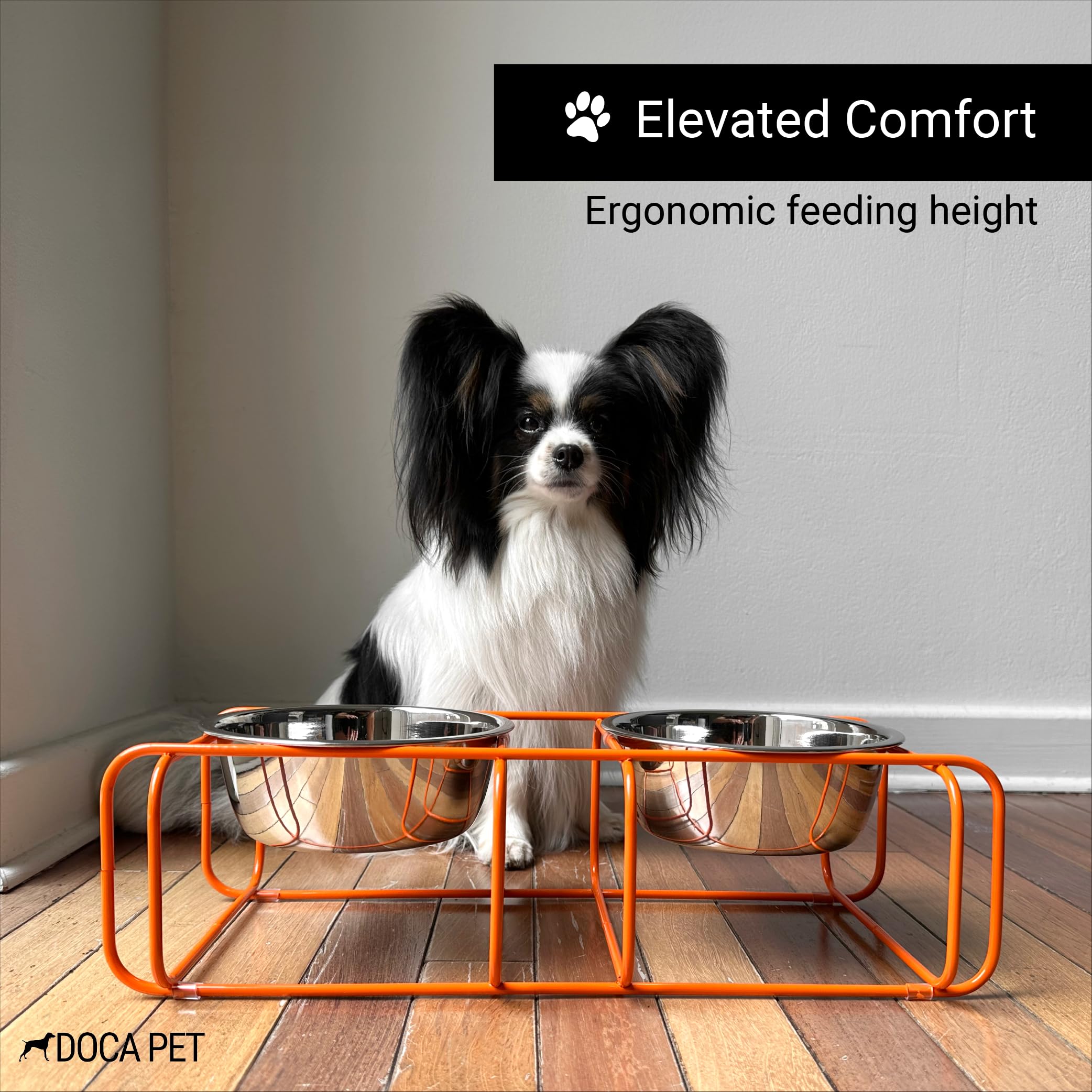 Doca Pet Elevated Dog Bowls Stand - 2 Stainless Steel Dishes, Non-Skid, Modern Design, Small, Orange Frame, Model WDS-OR-3CP