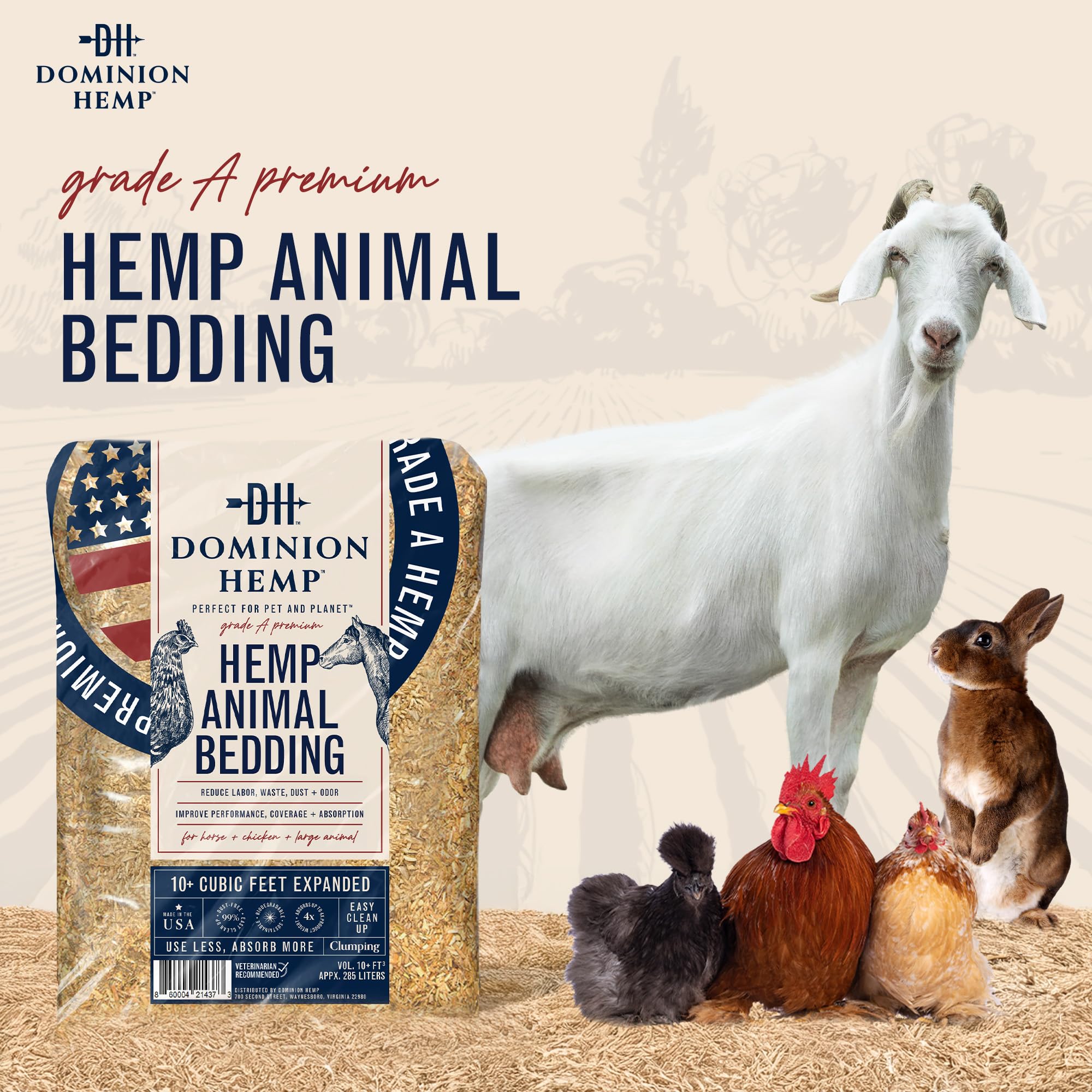 Dominion Hemp Premium Hemp Bedding for Chicken Coops 10+ Cubic Feet (285L) - USA-Grown & Processed - Nesting Boxes for Chickens,