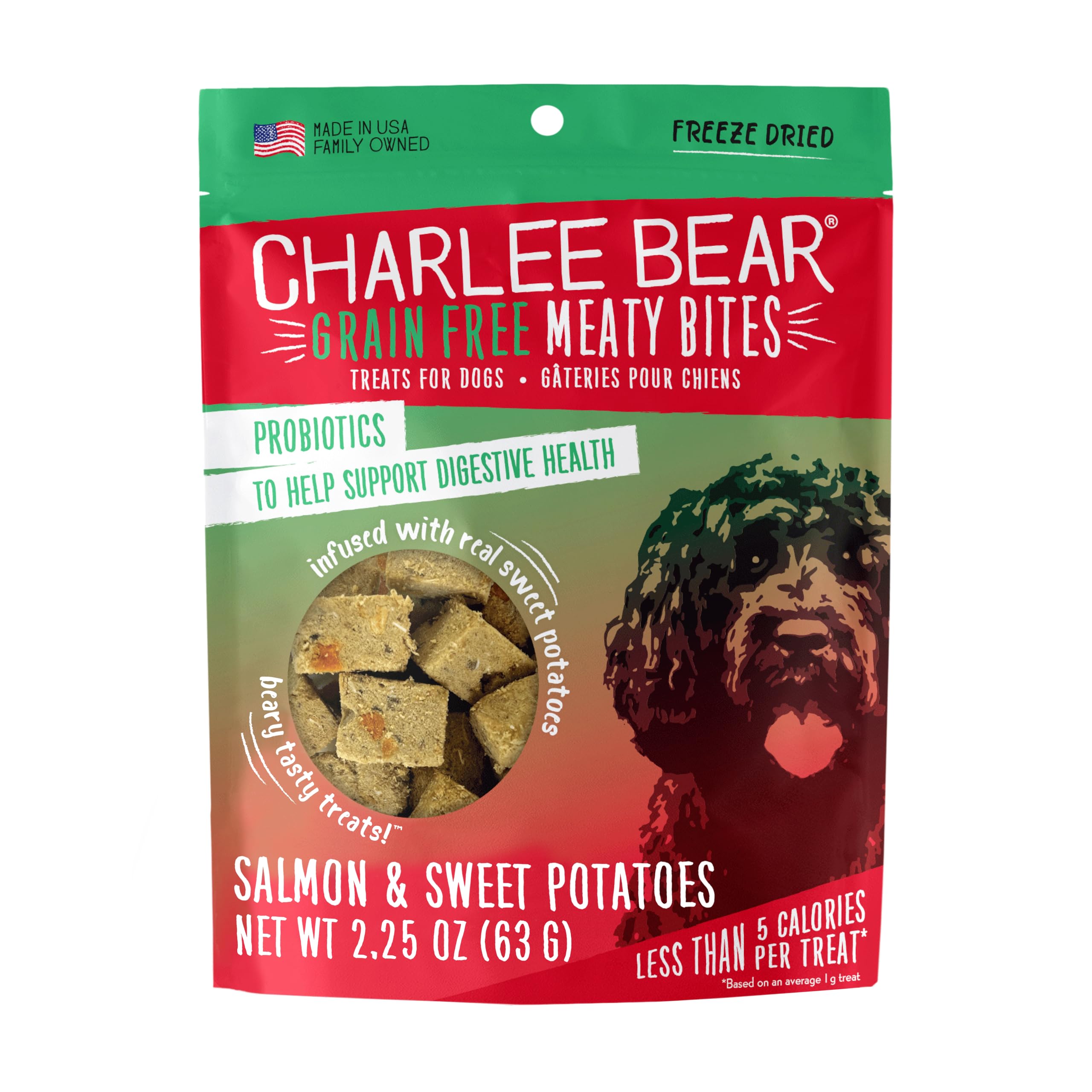 Charlee Bear Grain Free Meaty Bites Freeze Dried Dog Treats, Salmon and Sweet Potato, 2.25 Ounce Resealable Bag, Training Treats