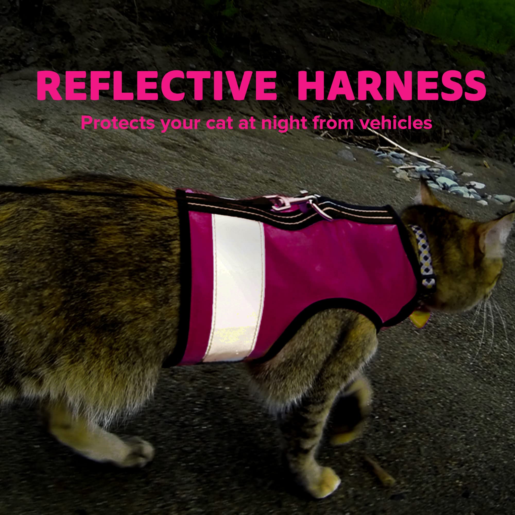 Kitty Holster Reflective Cat Harness - High-Visibility Cat Vest For Day & Night | Secure, Breathable And Washable Cotton | Ideal For Walking & Traveling - Flamingo Pink, M To L