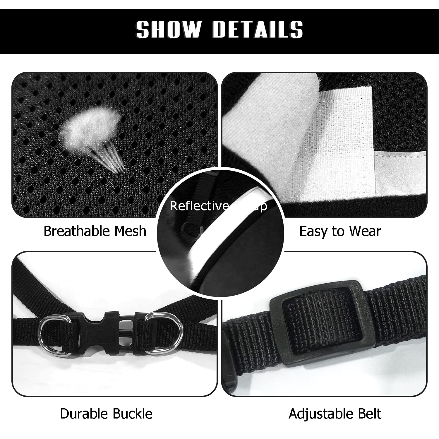 FEimaX Dog Harness and Leash Set for Walking, Soft Mesh Adjustable Easy Control Lightweight Cat Vest Harnesses with Reflective Strips, Escape Proof Small Dogs Cats Vests (Black, X-Large) -Like New