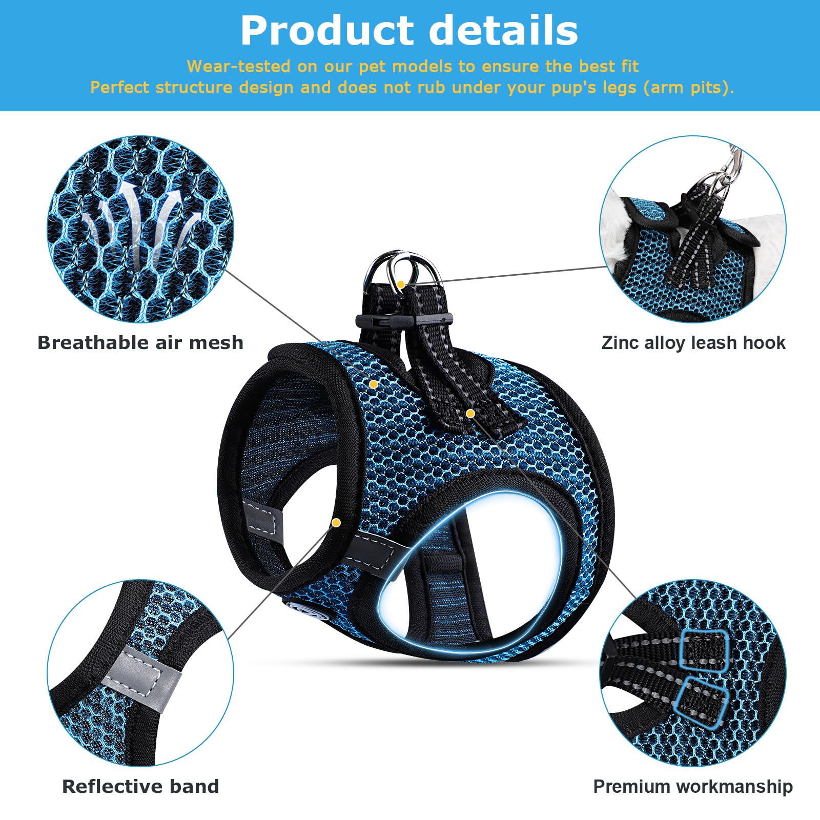 No Pull Small Dog Harness For Under 22 Lbs Dogs, Step In Air Mesh Puppy Reflective Lightweight Dogs Cats Vest (Blue, Xxxs
