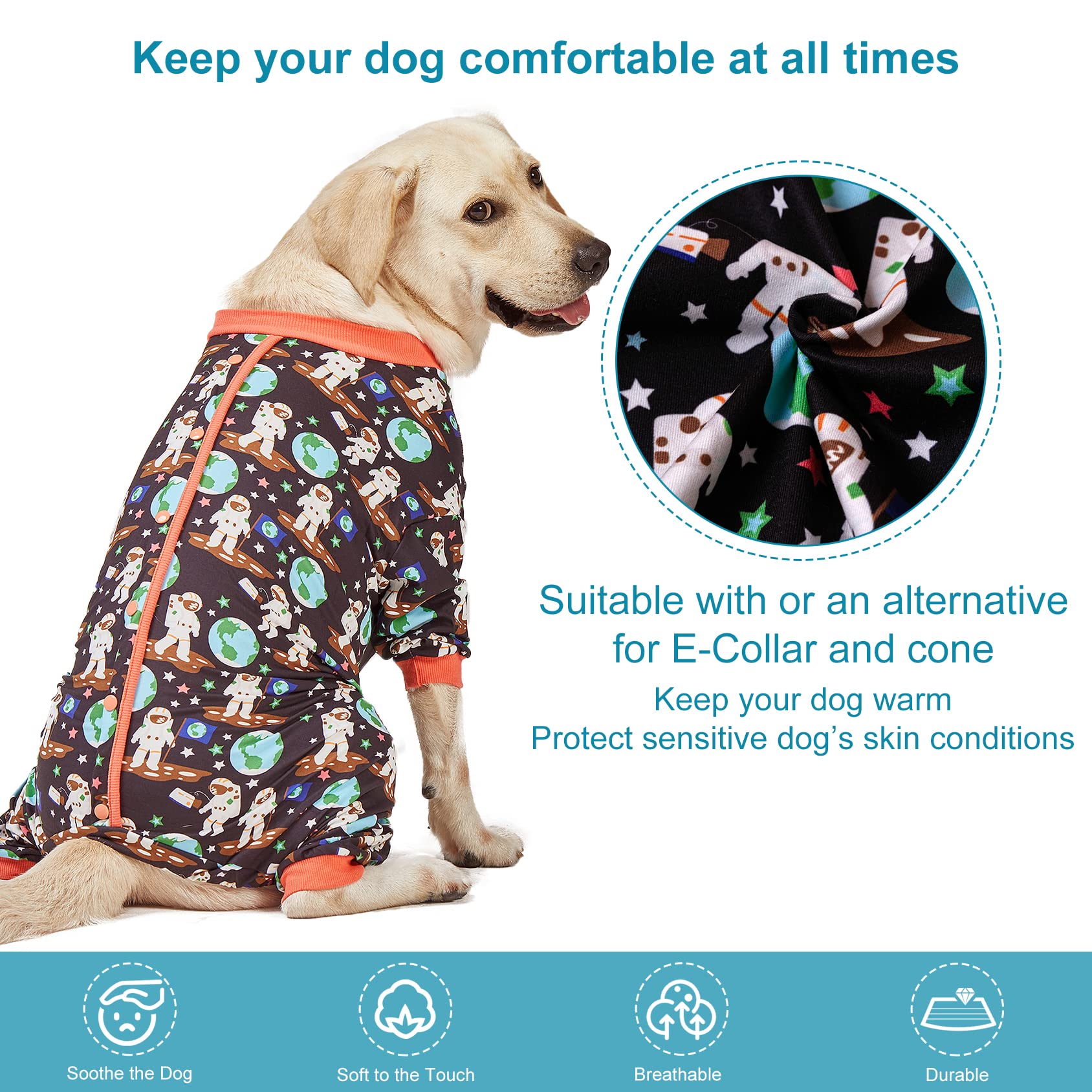 Lovinpet Large Dog Outfit/Dog Rash Guard/Dog Sun Shield Shirt/Space Astronauts Black Print/Lightweight Pullover, Large Puppy Pj'