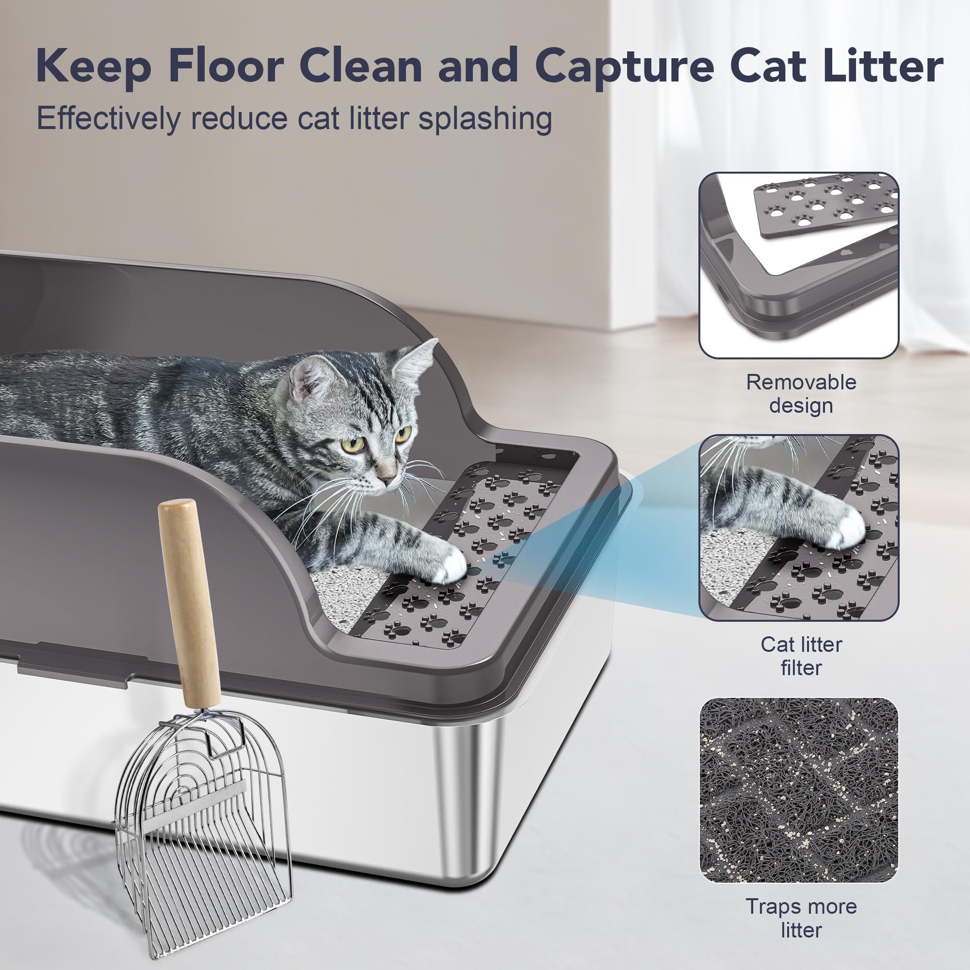 Upsky Stainless Steel Cat Litter Box With Lid, Xl Large Metal Litter Box For Large Breeds, Enclosed Kitty Litter Pan With High S