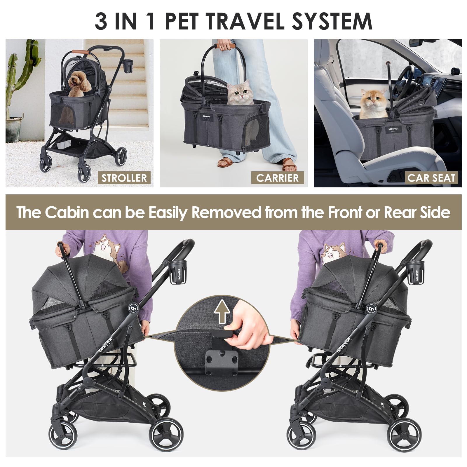 Beberoad Pets T3 3 In 1 Small Pet Stroller For Dogs & Cats, 4 Wheels With Detachable Carrier With Pad, Canopy And Cup Holder, Bl