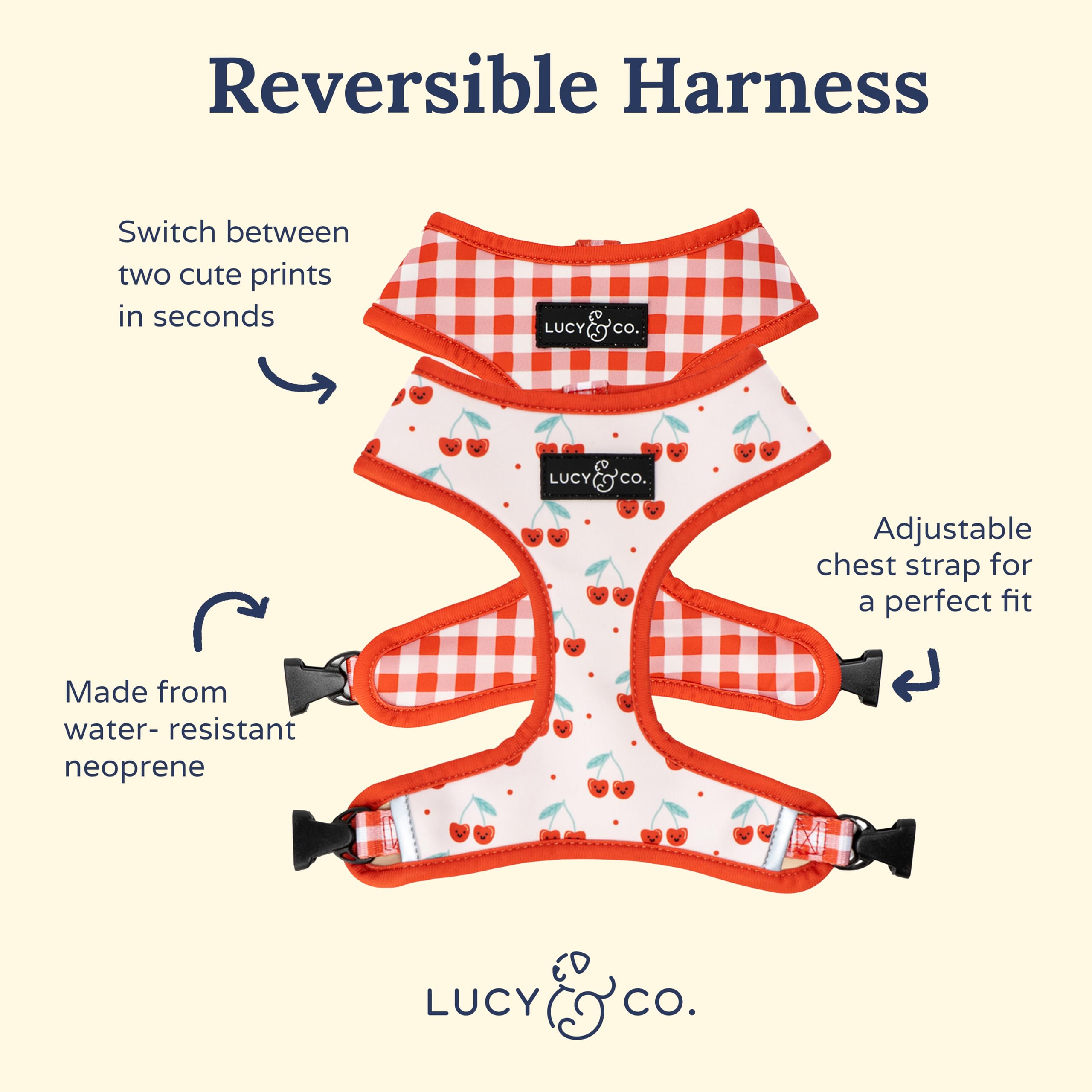 Lucy & Co. Cheery Cherries, Cute Reversible Dog Harness Walking Halter - Best Designer Pet Harnesses For Xs - Xl Dogs - Padded A