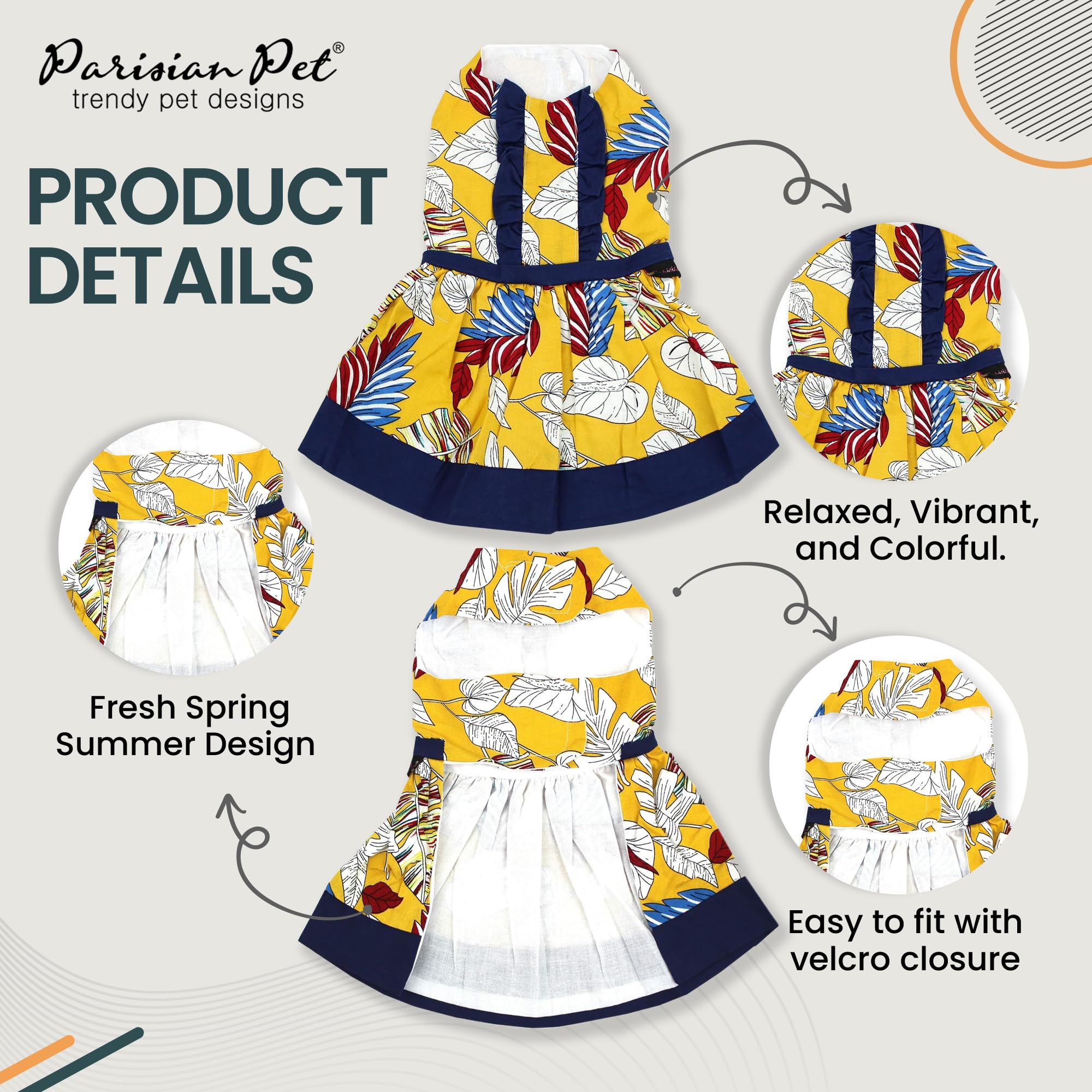 Parisian Pet Tribal Leaves Summer Dress - Magic Strap Closure Dog Beach Outfit - Lightweight And Breathable Dress For Small Dogs