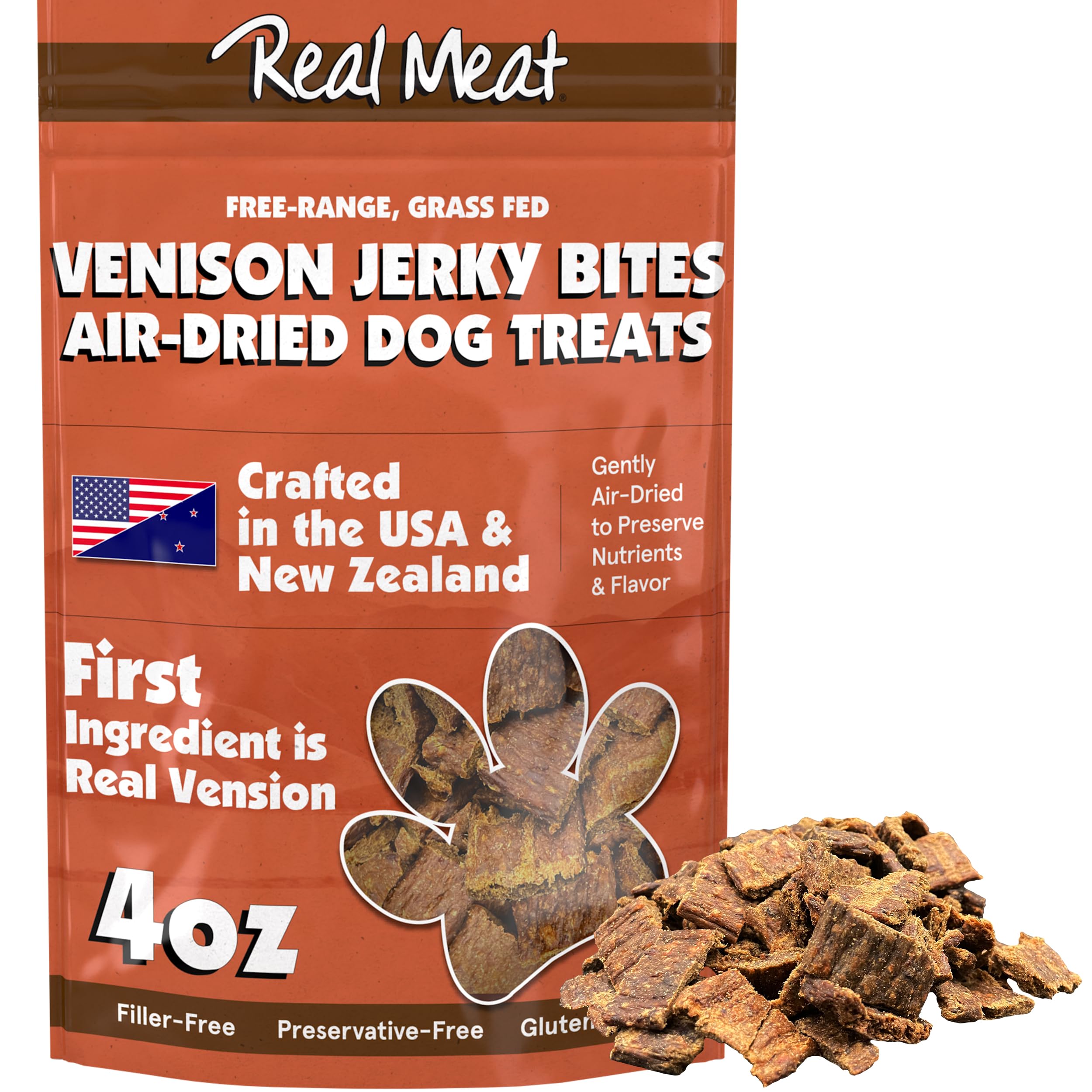 Real Meat Dog Treats - 4oz Bag of Bite-Sized Air-Dried Venison Jerky for Dogs - Grain-Free Jerky Treats Made up of 95% Free-Rang
