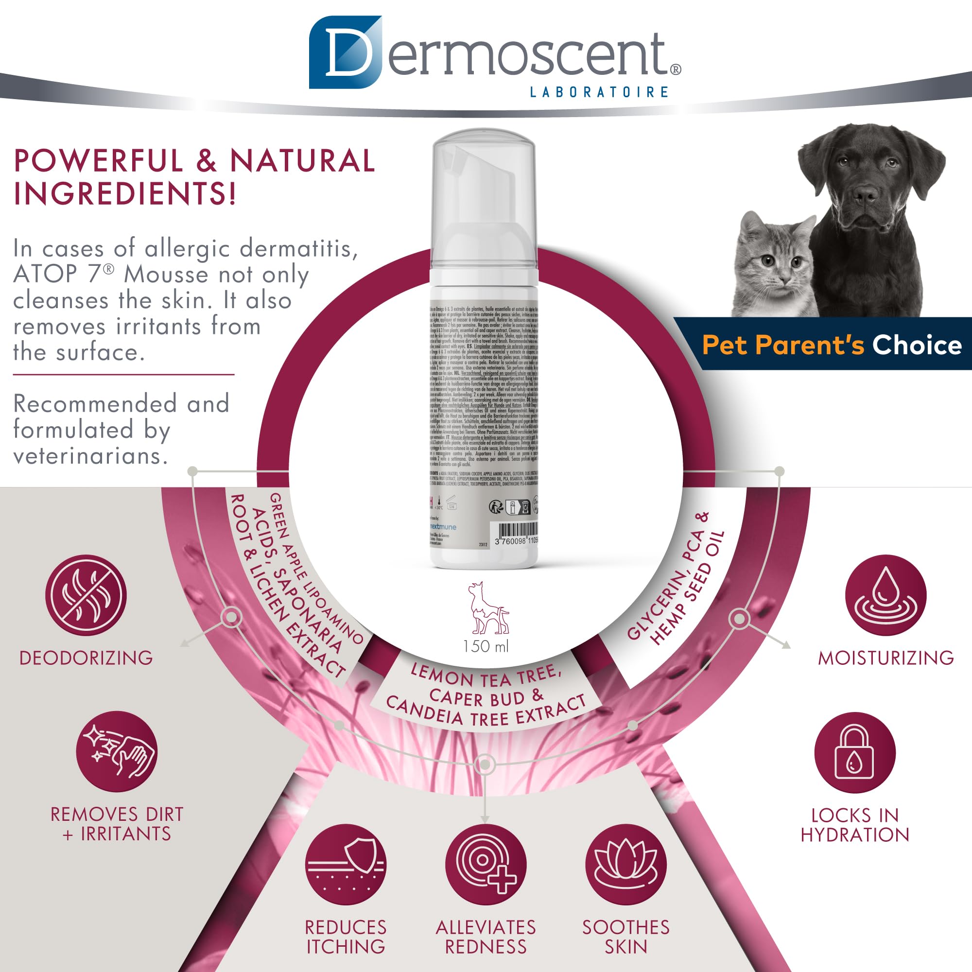 Dermoscent Atop 7 Mousse - Waterless Dog Shampoo For Dogs & Cats - Cleansing Soothing Dry Shampoo For Itchy Skin Relief & Allergy-Prone Skin - 150 Ml