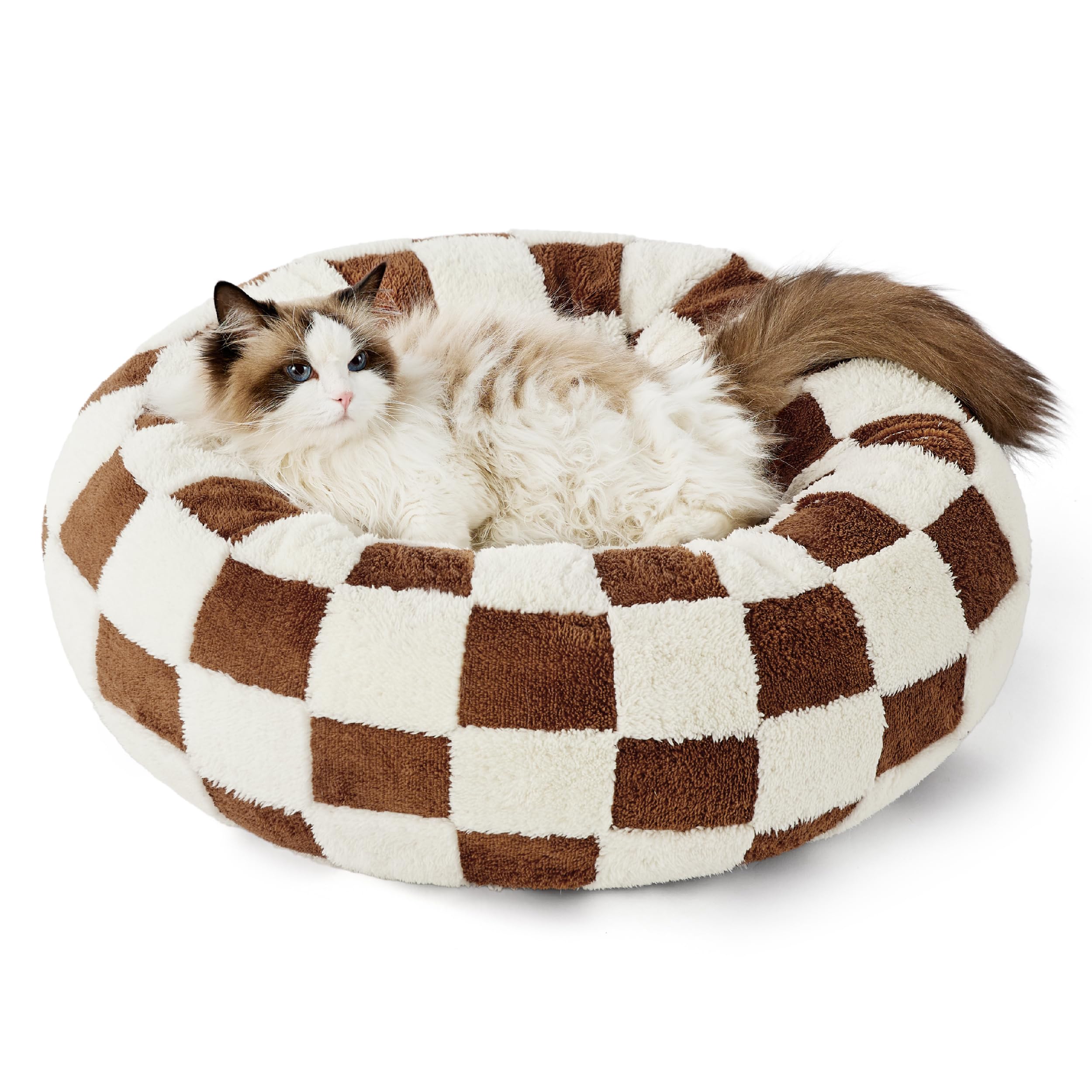 Lesure Donut Small Dog Bed - Round Cat Bed For Indoor Cats With Anti-Anxiety Calming Teddy Sherpa Plush & Anti Slip Bottom Brown