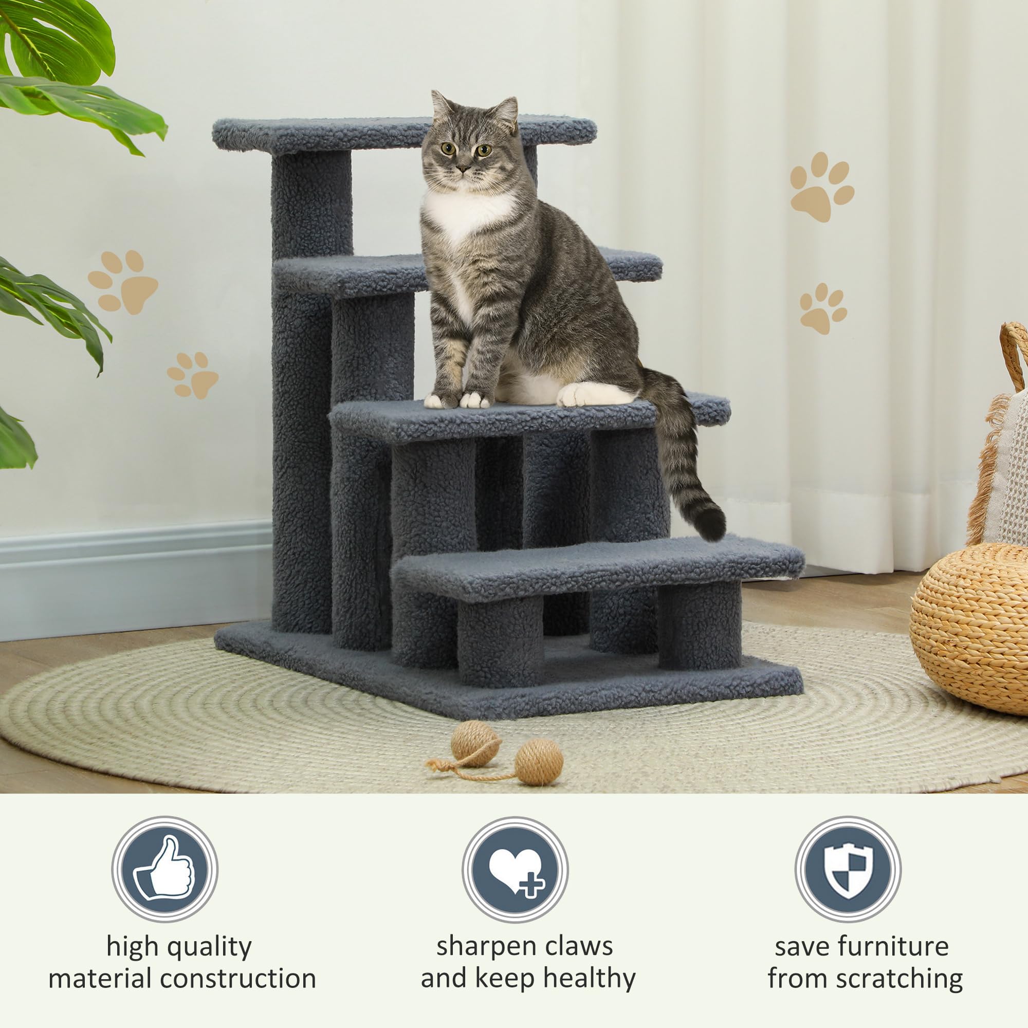 Pawhut 25'' 4-Step Multi-Level Carpeted Cat Scratching Post Pet Stairs - Grey
