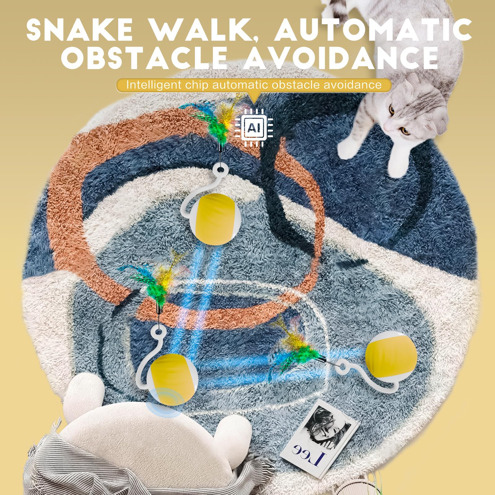 Aaa Amusang Interactive Cat Ball Toy And Feather Toys Refills For Indoor Cats, Automatic Cat Enrichment Toys - Yellow