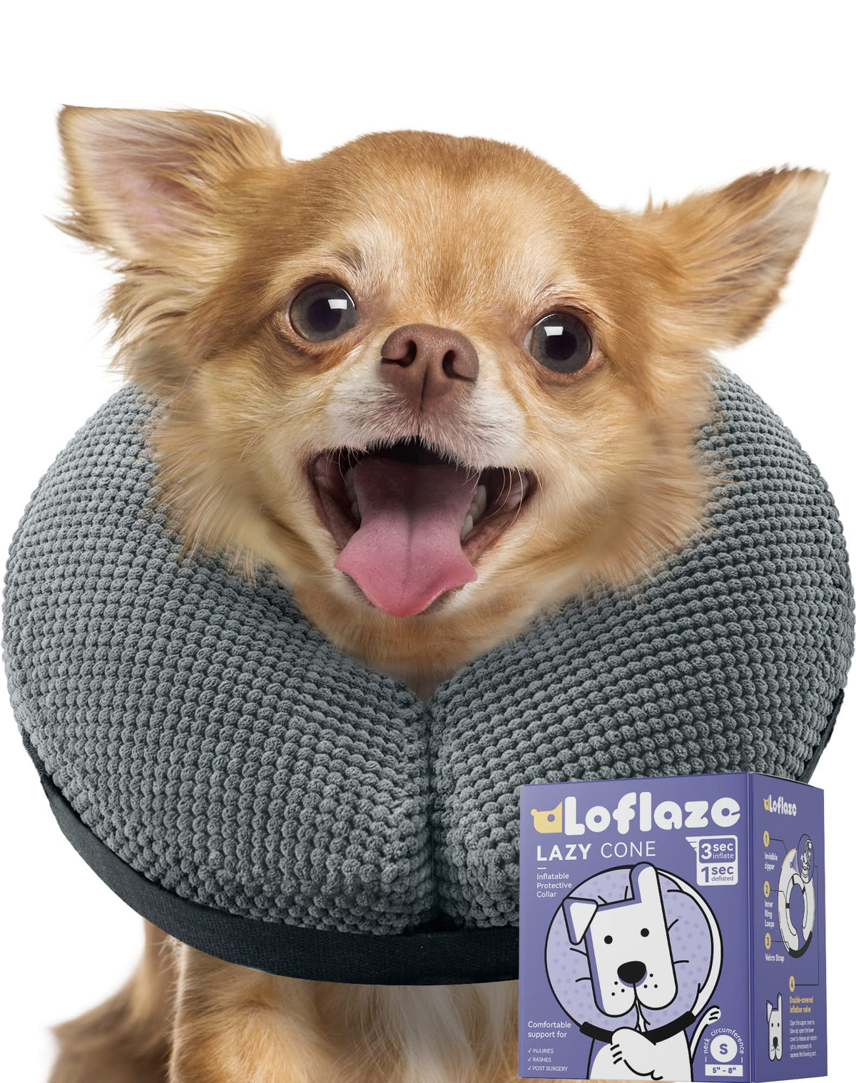 Loflaze Soft Inflatable Dog Cone Collar Alternative After Surgery - Dog Neck Donut E Collar For Large Medium Small Dogs Cats Post Surgery - Recovery Collar To Stop Licking - Grey, S