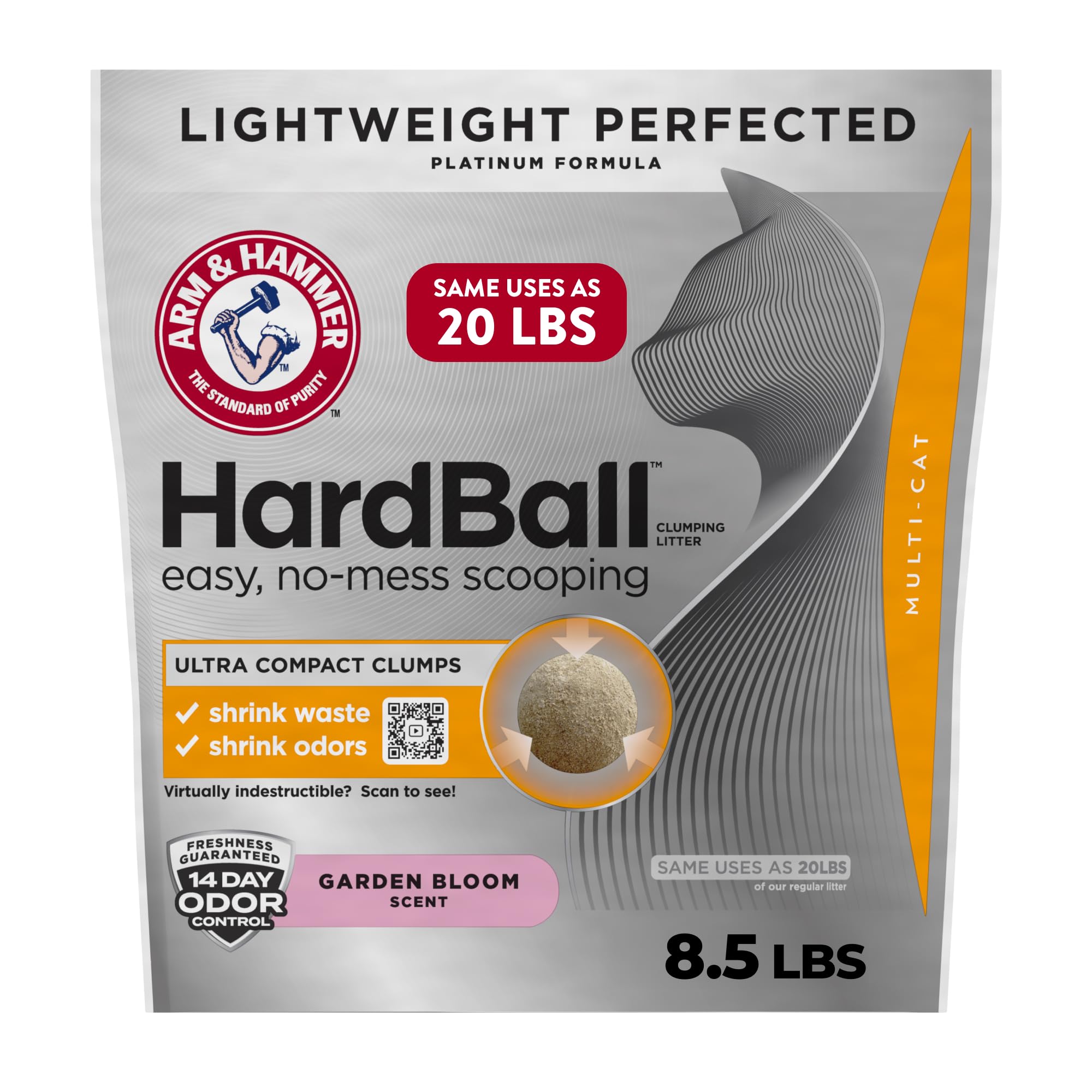 Arm & Hammer Hardball Lightweight Easy No-Mess Scooping Garden Bloom Scent Platinum Multi-Cat Clumping Litter, 8.5Lb Bag