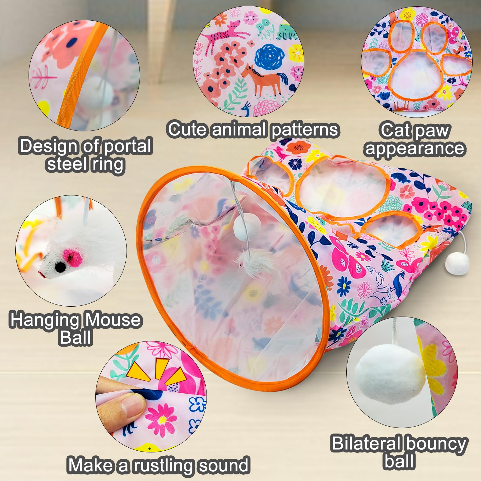 Andiker Cat Tunnel Bags For Indoor Cats, 13X17X12In Foldable Cat Crinkle Bag With 3 White Plush Balls And 1 Mouse 5 Holes For Ki