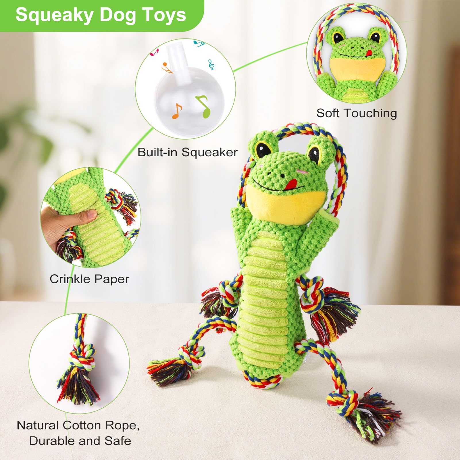 Interactive Chew Proof Dog Toys for Boredom & Anxiety - Plush with Squeaker & Crinkle Sound & Ropes for Small, Medium, Large Dog