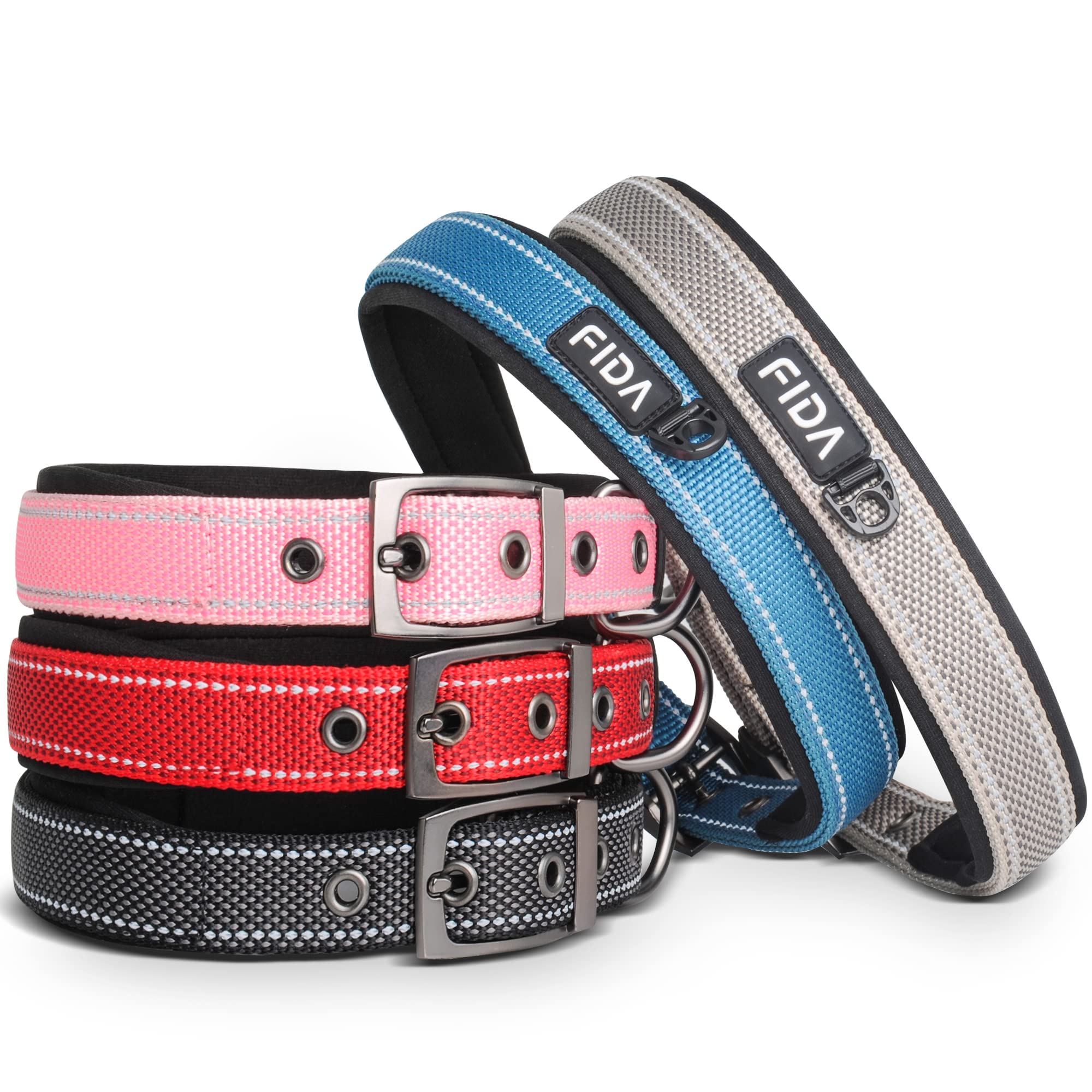 Fida Heavy Duty Dog Collar, Ultra Comfortable Soft Neoprene Padded, Adjustable Reflective Nylon Pet Collar With Durable Metal Be