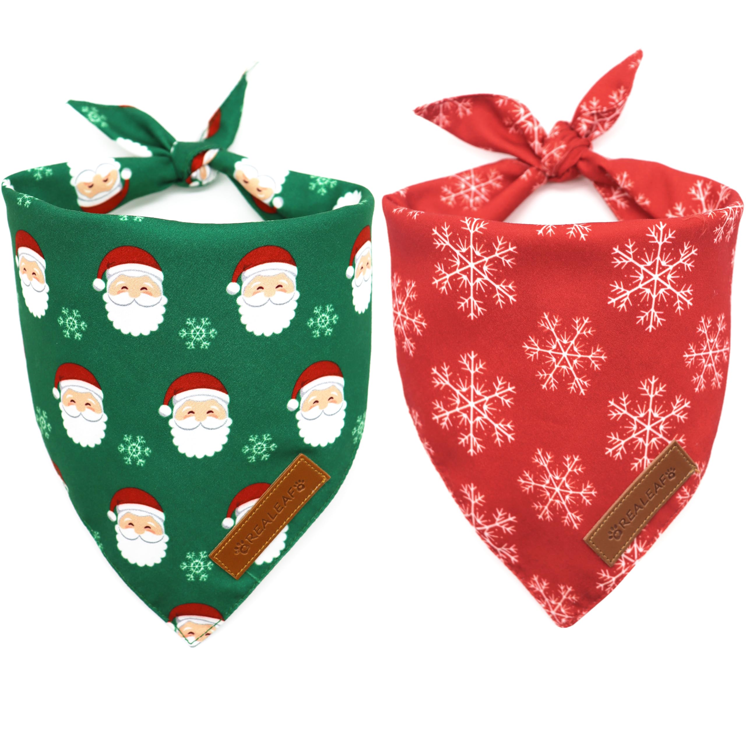 Realeaf Christmas Dog Bandanas 2 Pack, Snowflake And Santa Claus Dog Scarf For Boy And Girl, Premium Durable Fabric, Holiday Red