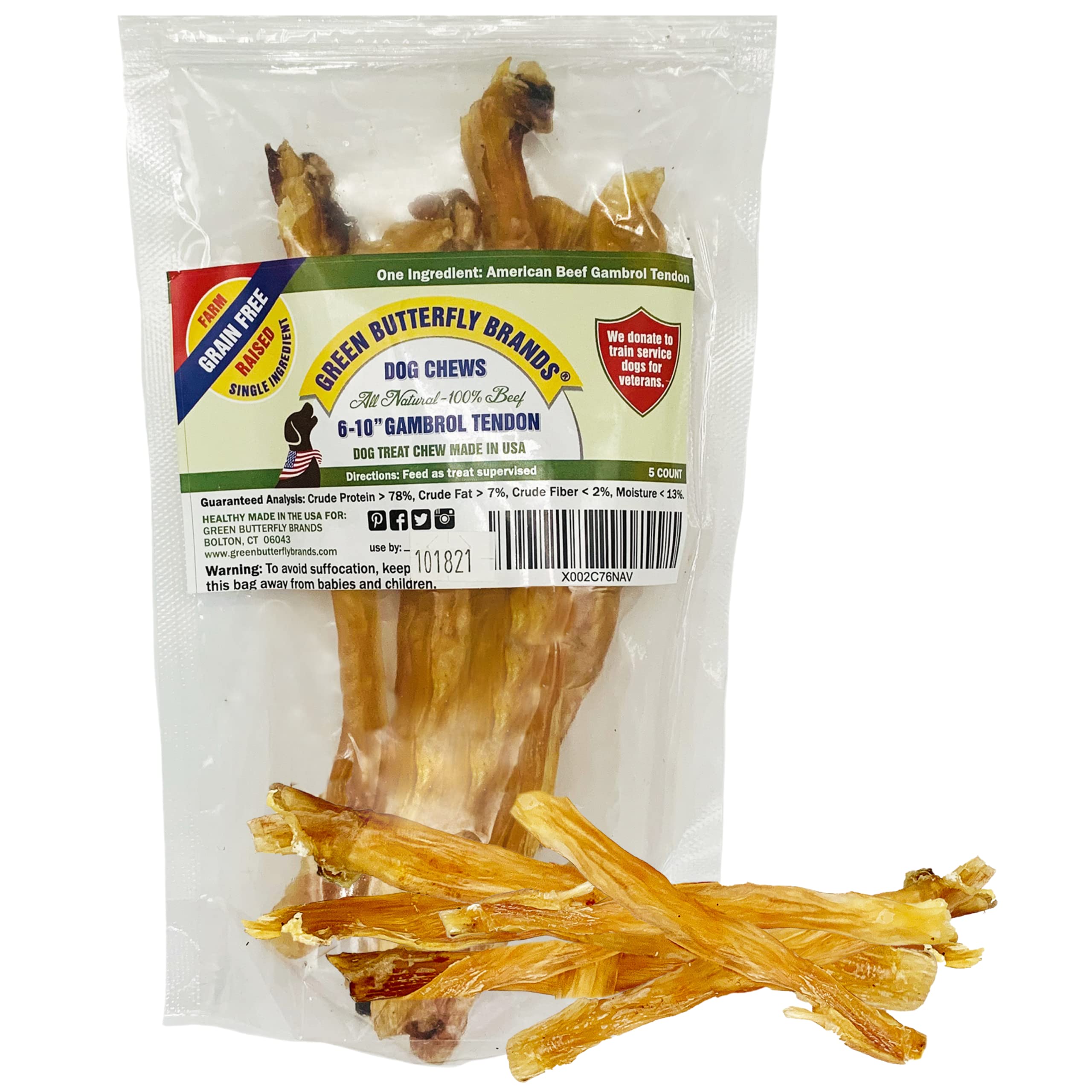 Green Butterfly Brands Beef Tendons for Dogs - 6-10 Inch Grass Fed Farm-Raised American Treats. All Natural Dental Chews. Grain 