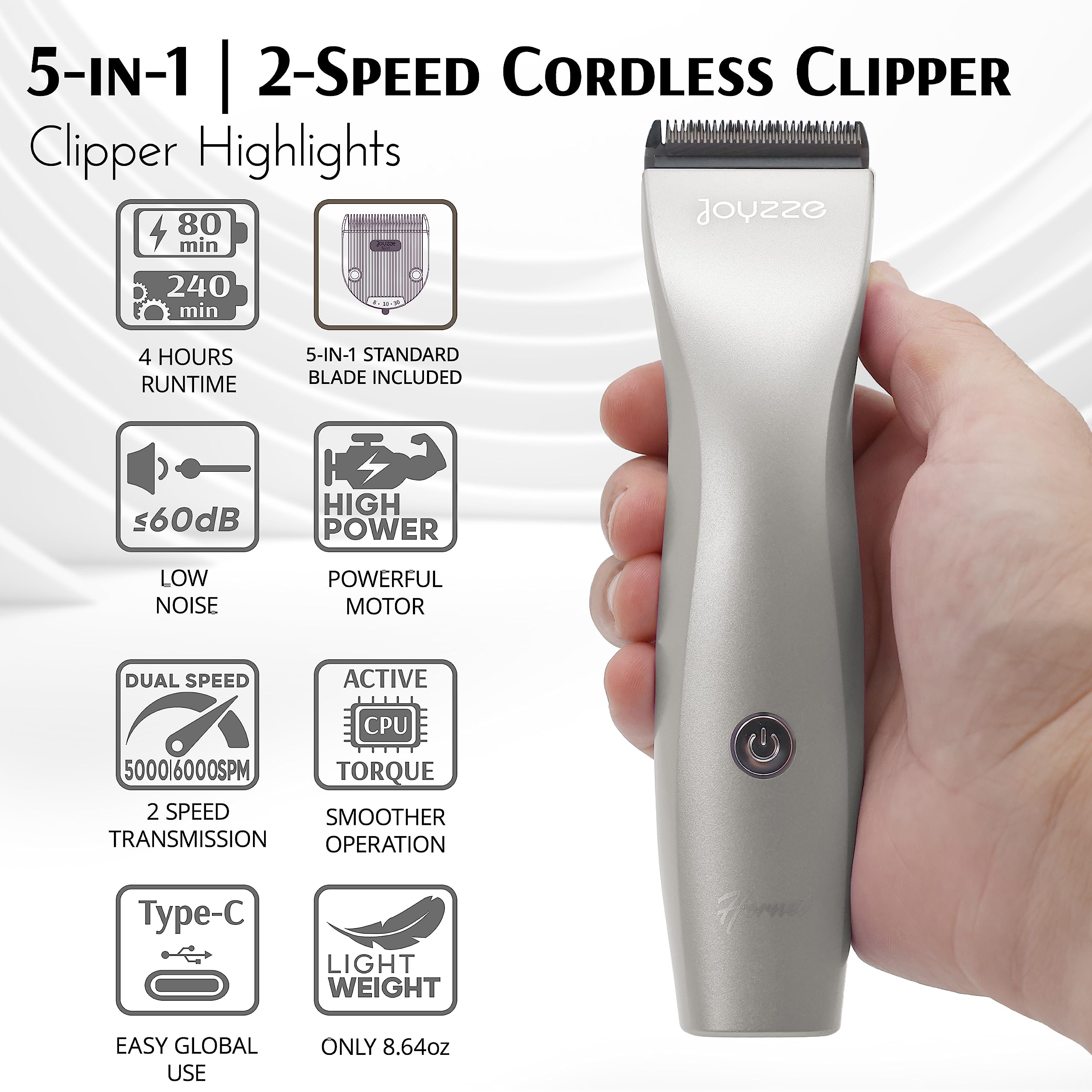 Joyzze Hornet Grey 5-In-1 Cordless Clipper - Powerful And Versatile Dog Grooming Clippers