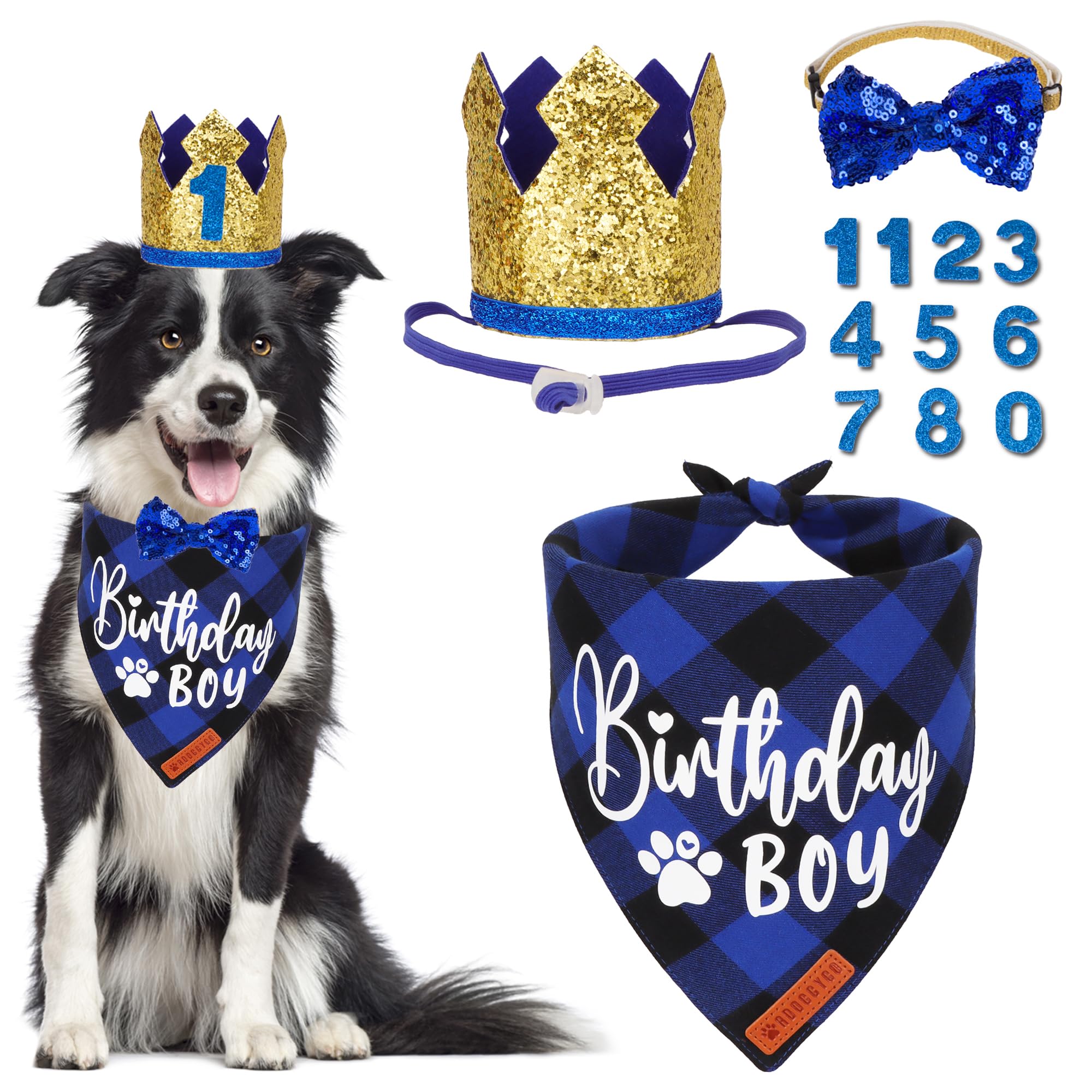 Adoggygo Dog Birthday Party Supplies, Blue Plaid Birthday Boy Dog Bandana, Golden Pet Party Hat With Numbers, Bowtie For Medium 