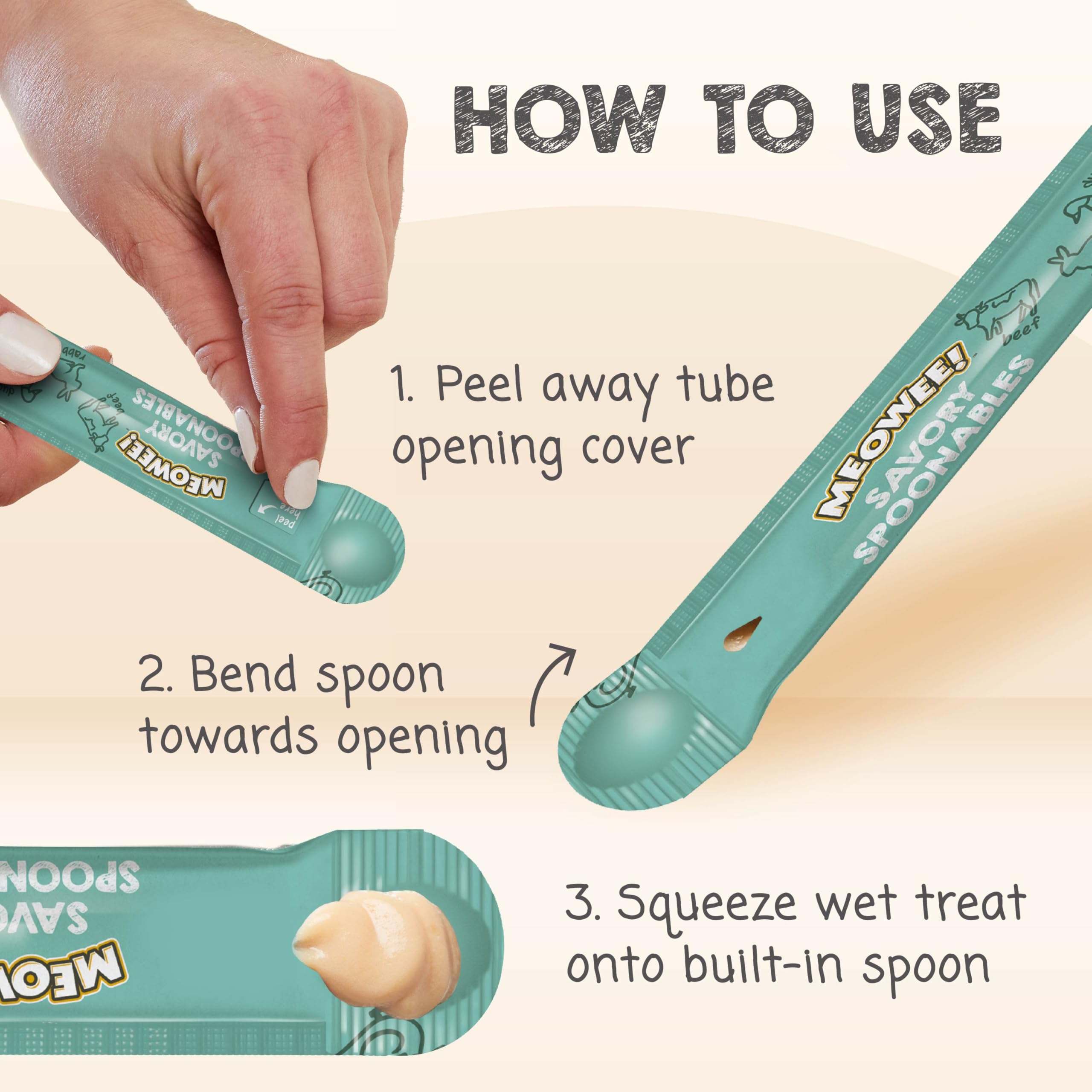 MEOWEE! Savory Spoonables with Real Duck, Beef and Rabbit for Cats, 4 Count, Treat Your Cat to Triple Flavor Squeezable Lickable