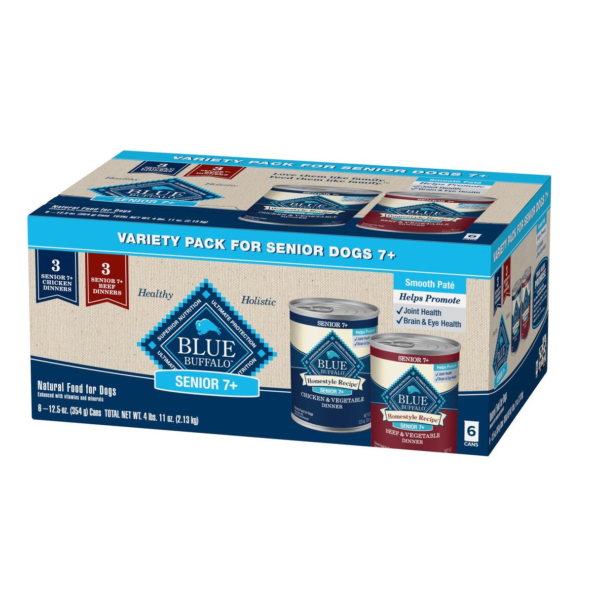 Blue Buffalo Homestyle Recipe Senior Wet Dog Food, Made With Natural Ingredients, Beef Dinner And Chicken Dinner, Variety Pack, (12.5-Oz Cans, 3 Of Each Flavor)