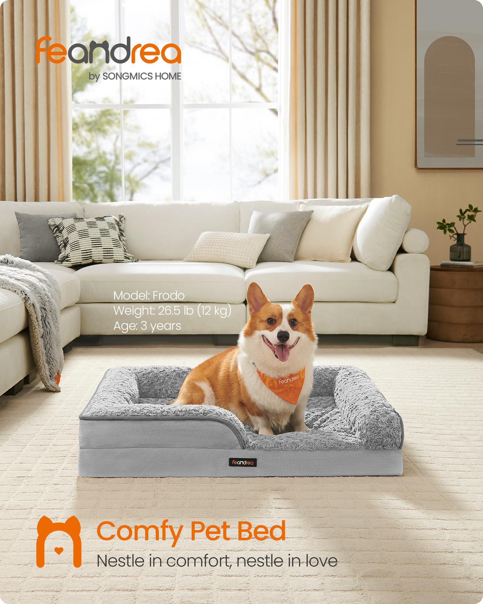 Feandrea Orthopaedic Dog Bed For Medium Dogs, Waterproof Dog Sofa Bed With Removable Washable Cover, 28 X 23 X 6.5 Inches, Dove