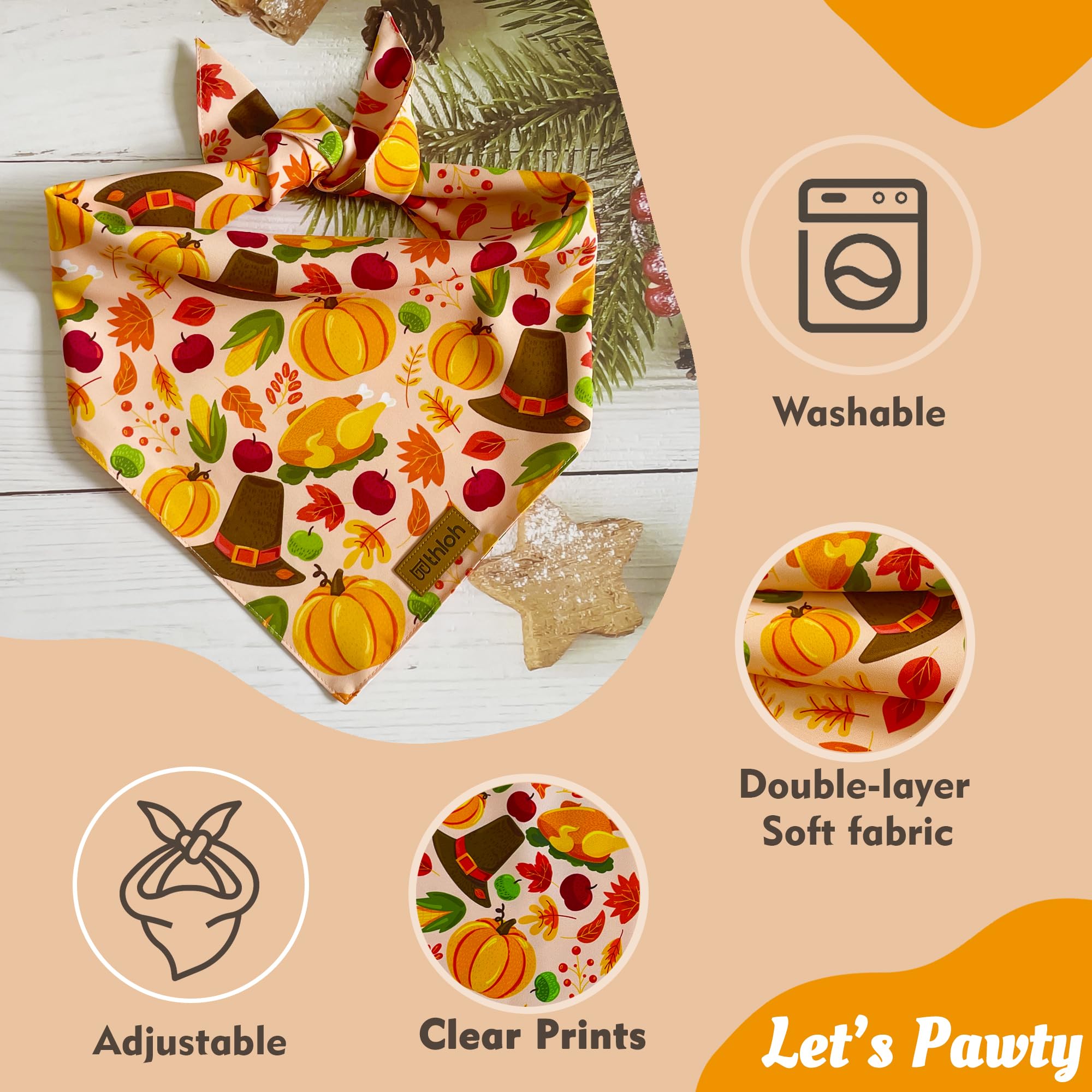 Thloh Thanksgiving Dog Bandanas - 2 Pack Reversible Fall Dog Scarf For Boy & Girl, Premium Durable Fabric, Autumn Bandana For Me