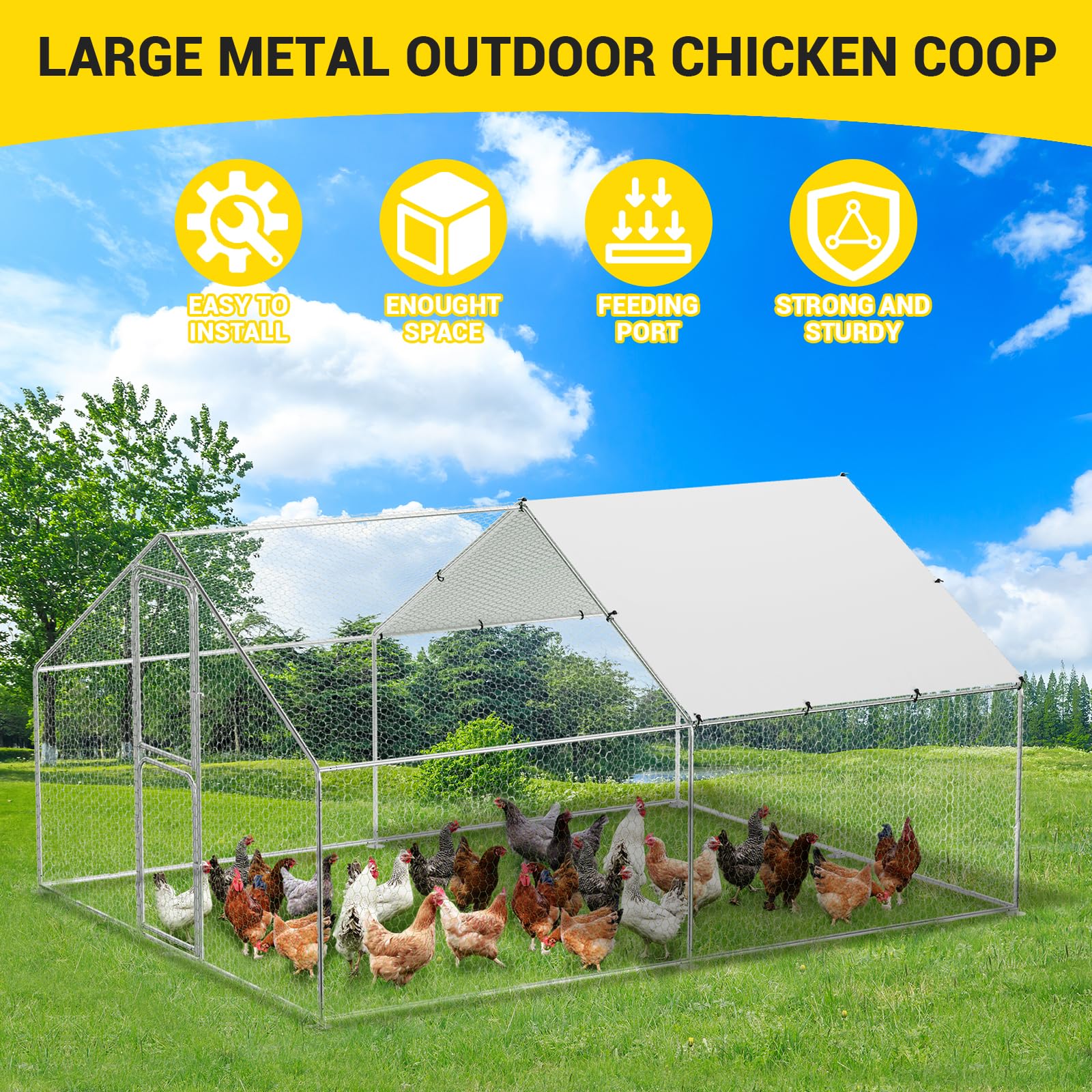 Garvee Large Metal Chicken Coop with Waterproof and Anti-UV Cover, Walk-in Poultry Cage, Large Chicken Pen, Outdoor Hen Run Hous