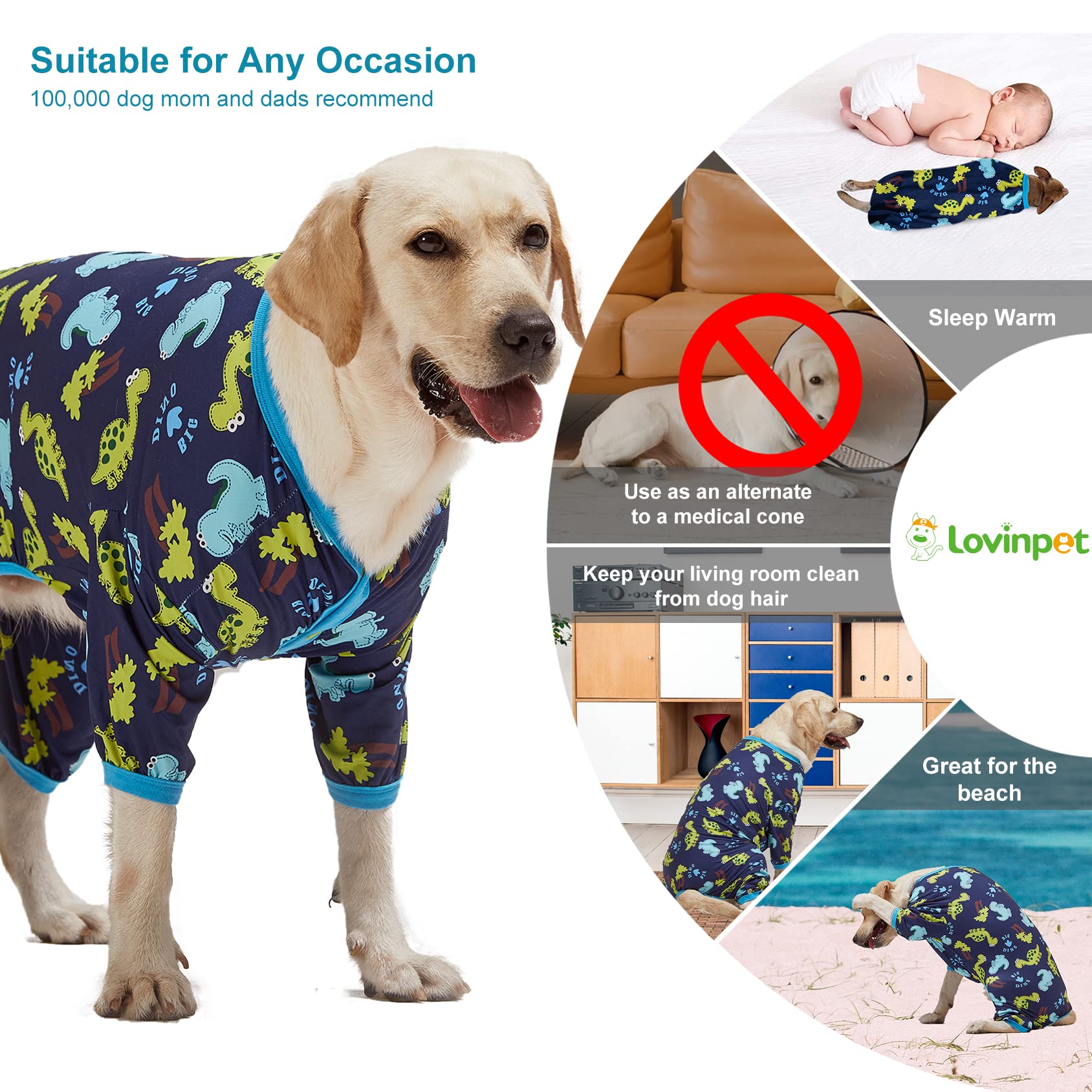 Lovinpet Dog Clothing For Large Dogs: Dinosaur In The Jungle Print, Lightweight Stretchy Knit Pullover Puppy Pajamas, Large Dog