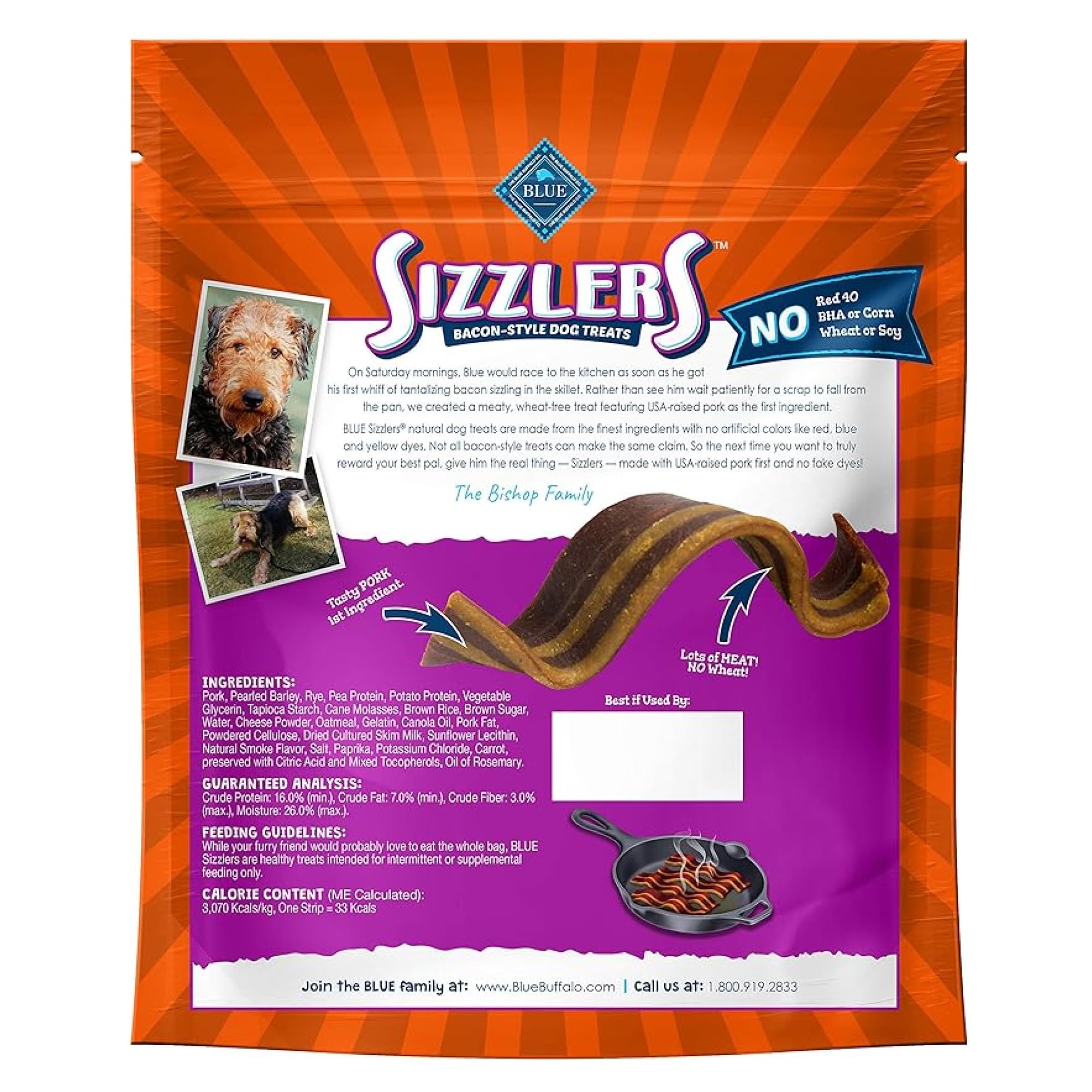 Blue Buffalo Sizzlers Natural Soft Dog Treats, Bacon-Style Soft-Moist Dog Treats with Real USA Pork, Original Flavor, 6-oz Bag