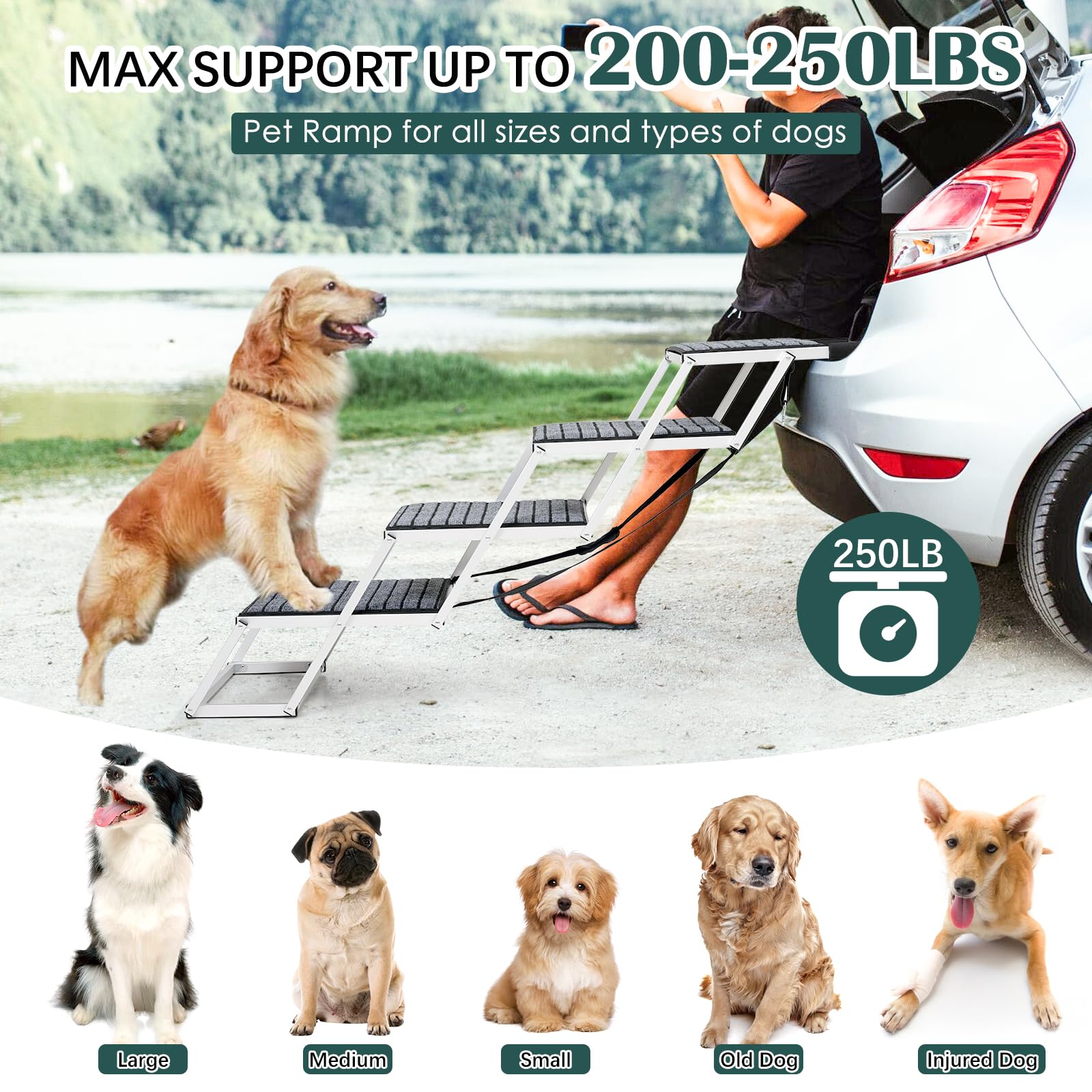 Dog Ramp for Car, Extra Wide Dog Car Stair for Large Dogs, Pet Steps Lightweight Aluminum Foldable Dog Steps for Cars and SUV,Hi