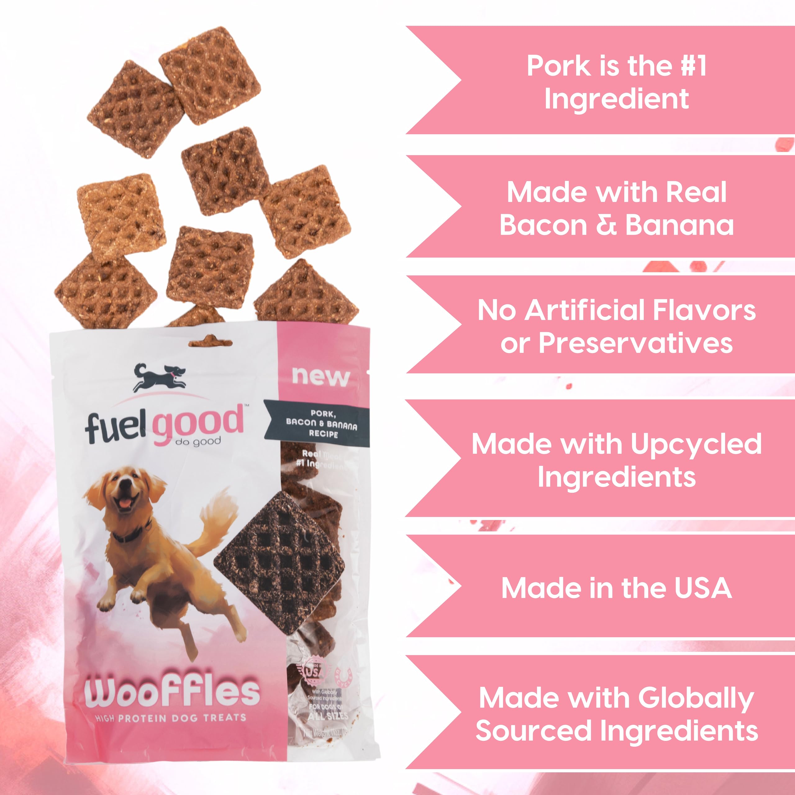 Fuel Good Wooffles High Protein Dog Treats - Pork, Bacon & Banana Recipe - 11oz Bag - High Protein Treats for Dogs, Made in The