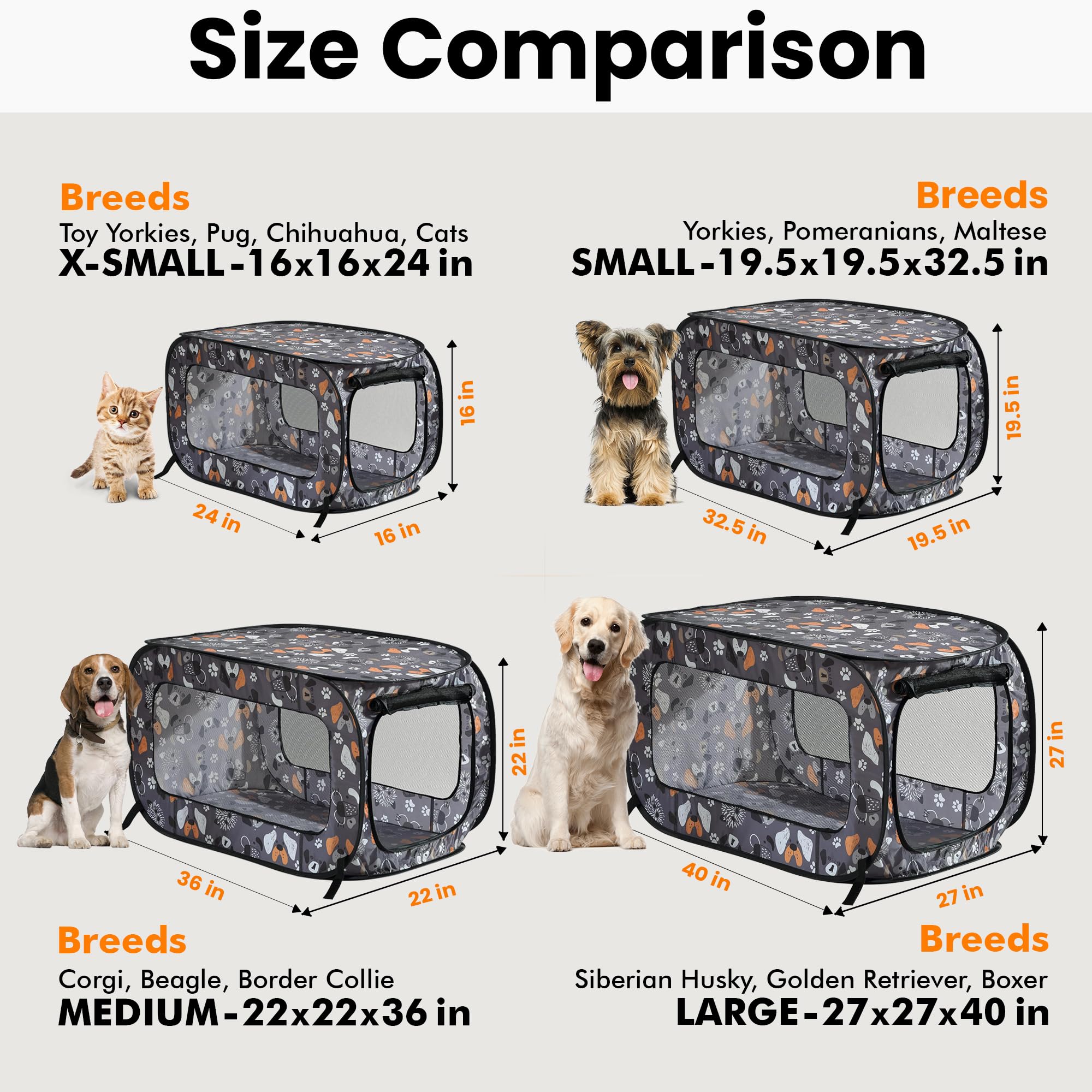Beatrice Home Fashions Portable, Collapsible, Pop Up Kennel Travel Cat And Dog Crate, 40'' L X 27'' W X 27'' H, Face Of Love