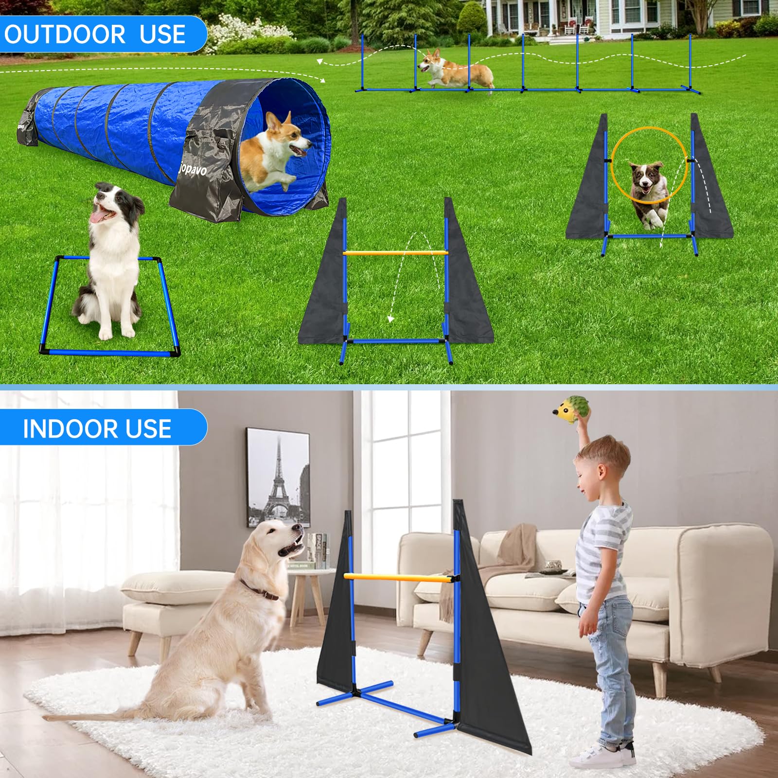 Dog Agility Course Backyard Set:10Ft Tunnel With 2 Sandbags,Agility Hurdle,Weave Poles,Jump Ring And Pause Box-Jopavo-Dog Traini