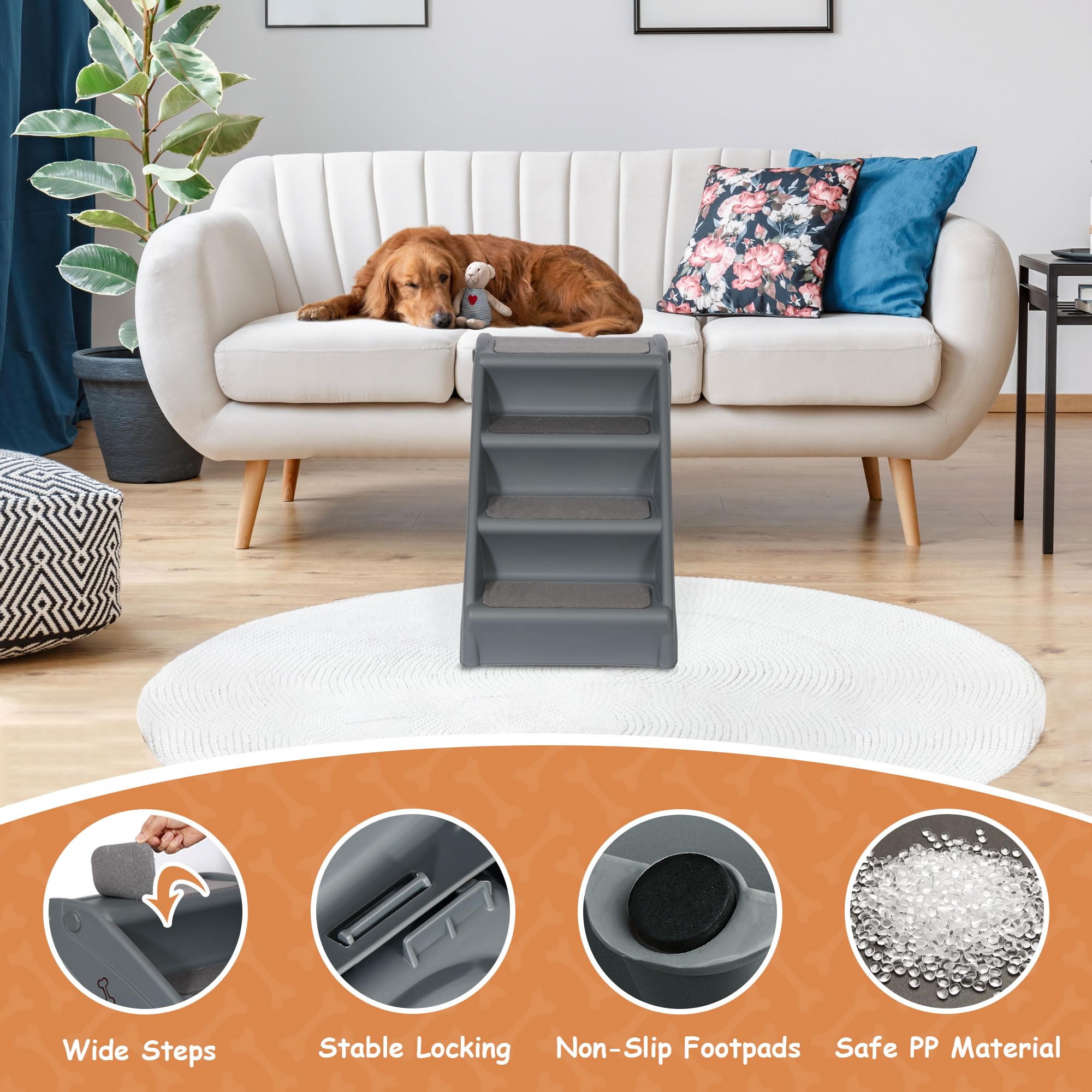 Foldable Pet Dog Stairs For Large Small Dogs Nonslip Dog Steps For High Bed Sofa Couch At Home And Vehicle Dog Ramp For Dogs To Get On Bed (Grey)