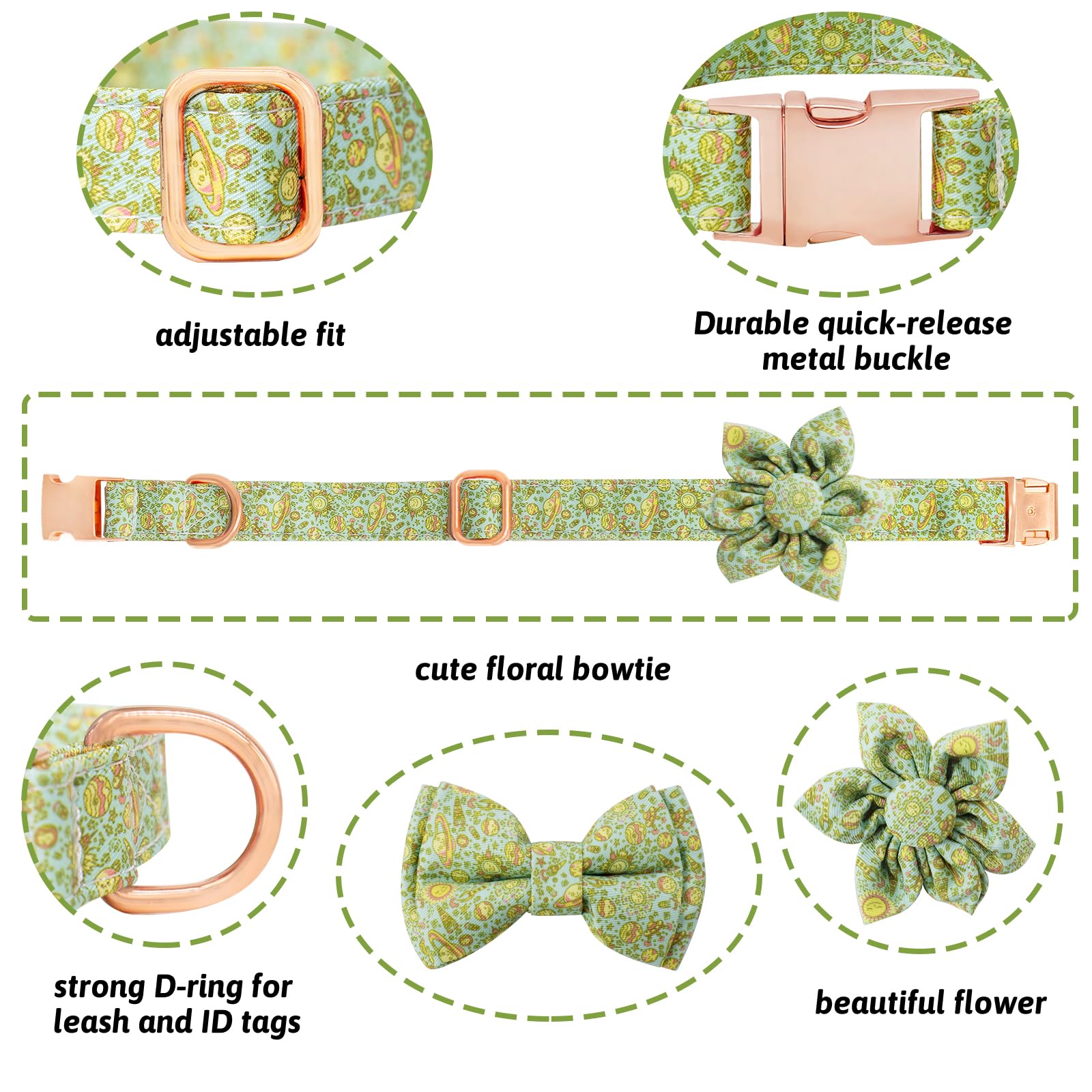 HSIGIO Dog Collar and Leash Set Girls Adjustable Puppy Collars with Planet Bow Tie for Small Medium Large Female Dogs, Green Pla