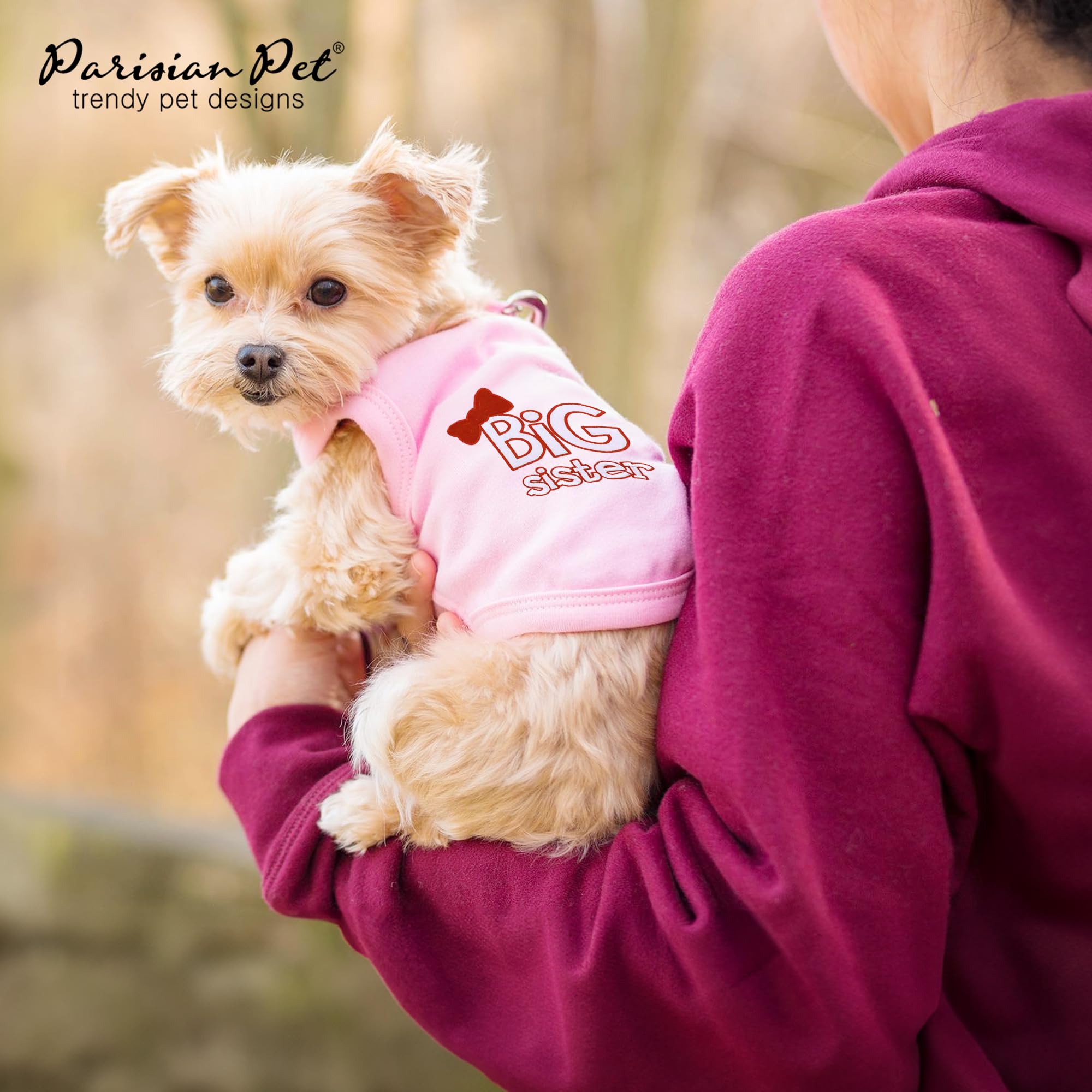 Parisian Pet Dog T-Shirt With Embroidered ' Big Sister ' - Breathable Big Sister Dog Shirt - Sleeveless Pet Vest - Machine Washable Pink Dog Shirts For Small Dogs, S