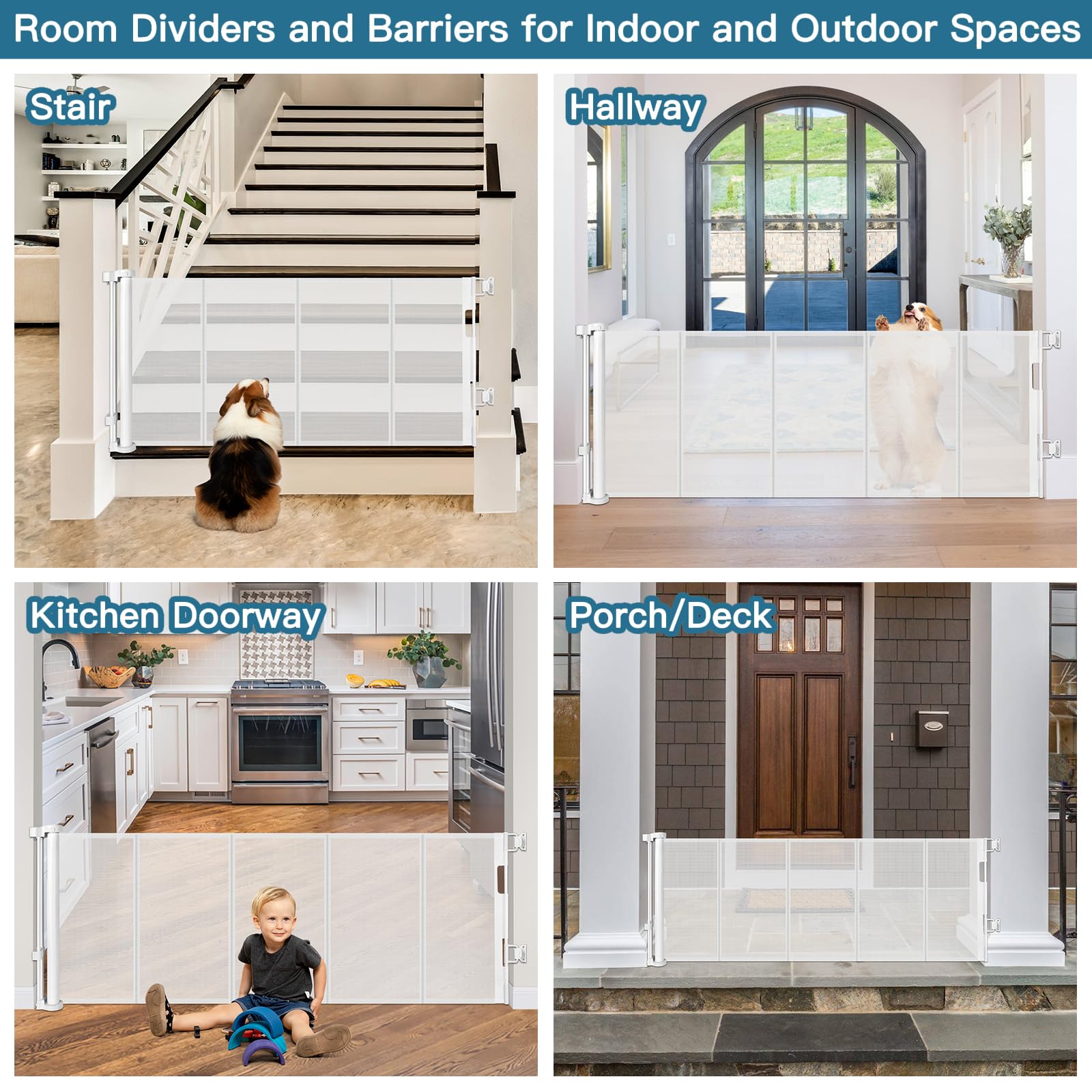 28'' Tall Retractable Dog Gate, 80'' Wide Reinforced Retractable Baby Gates with Support Rods, Walk Through Baby Gate Easy Step-