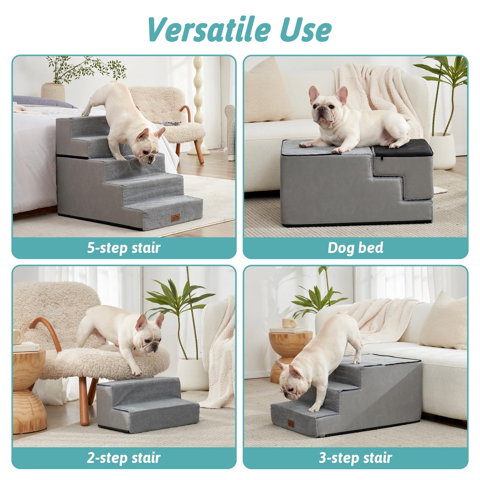 COZY KISS Dog Stairs - 5 Tier Non-Slip Pet Steps for Small Dogs, 23.6" H, 19.7x29.5", Grey, Removable High